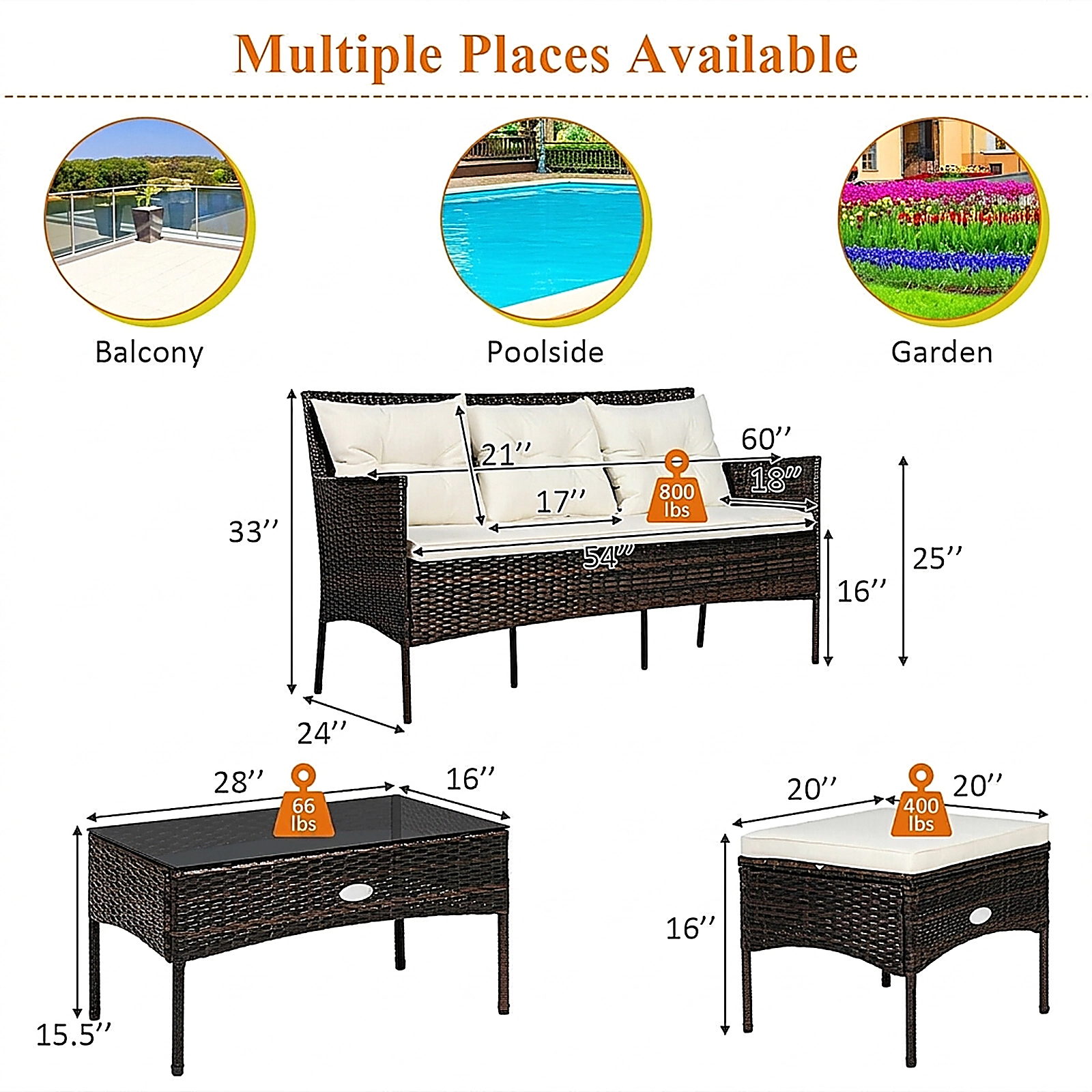 SUGIFT 3-Piece Brown Rattan Patio Sectional Sofa Set with Ottoman and Glass Coffee Table