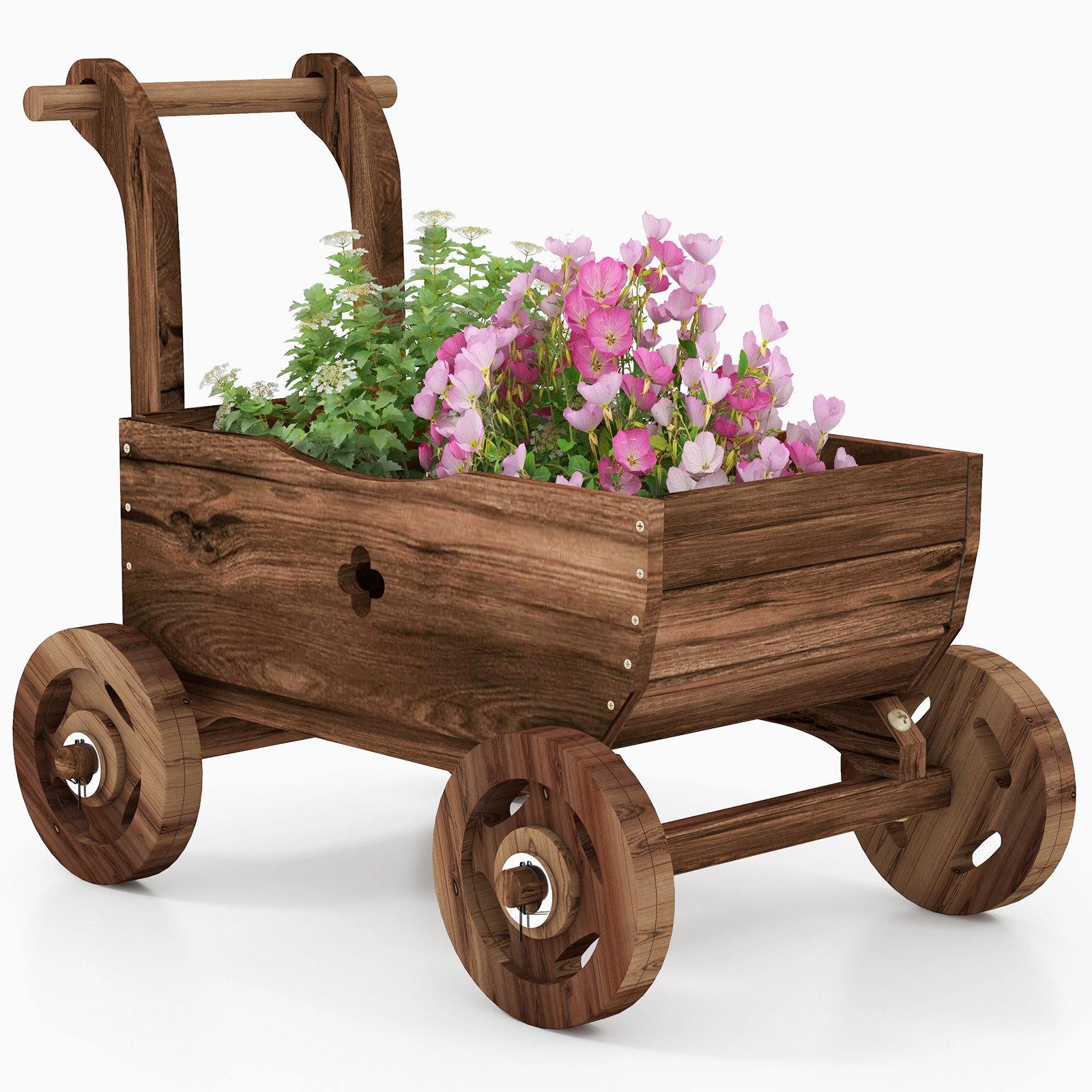 SUGIFT Decorative Fir Wood Wagon Cart Planter with Handle Wheels 44-lb Capacity 27-in Long Rustic Brown