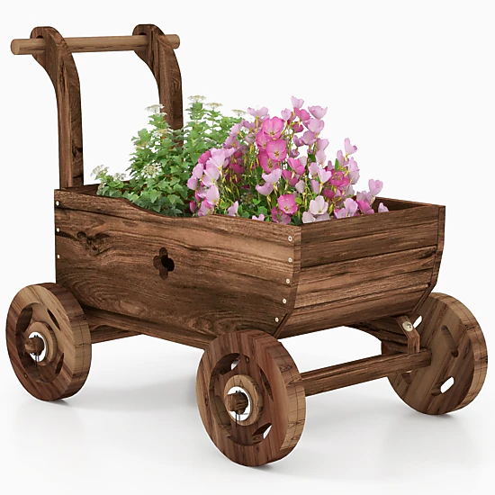 SUGIFT Decorative Fir Wood Wagon Cart Planter with Handle Wheels 44-lb Capacity 27-in Long Rustic Brown