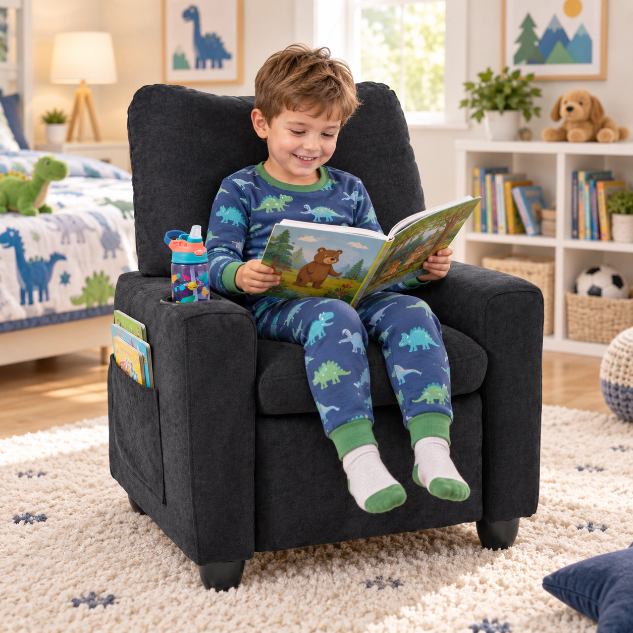 SUGIFT Kids Chenille Fabric Cup Holder Push Back Recliner 24-in x 20.5-in x 30-in 150-lb Capacity Ages 3+ Black