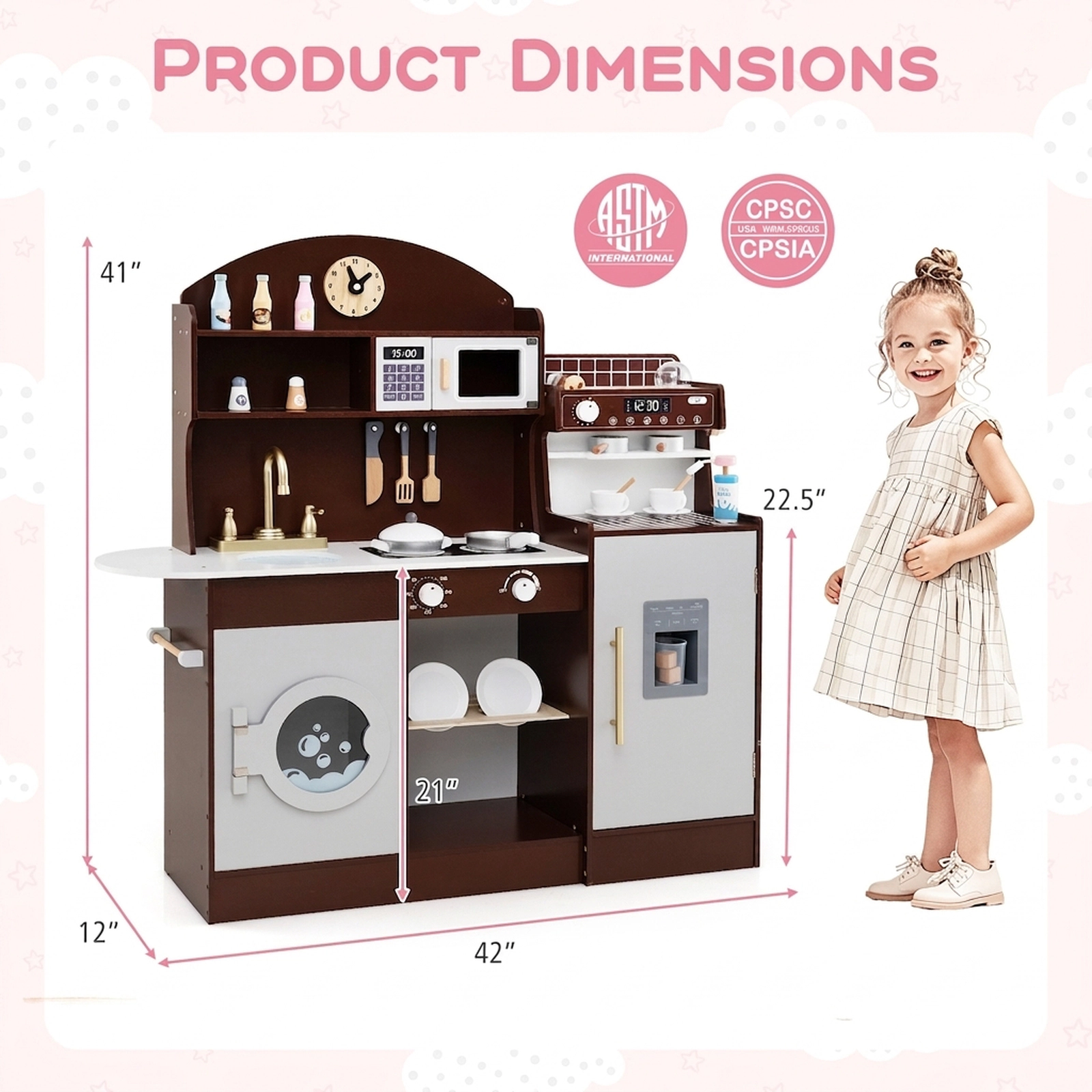 Kids Wooden Kitchen Set Coffee Maker Ice Maker 27-pc Accessories Dual Counters 42-in x 12-in x 41-in White