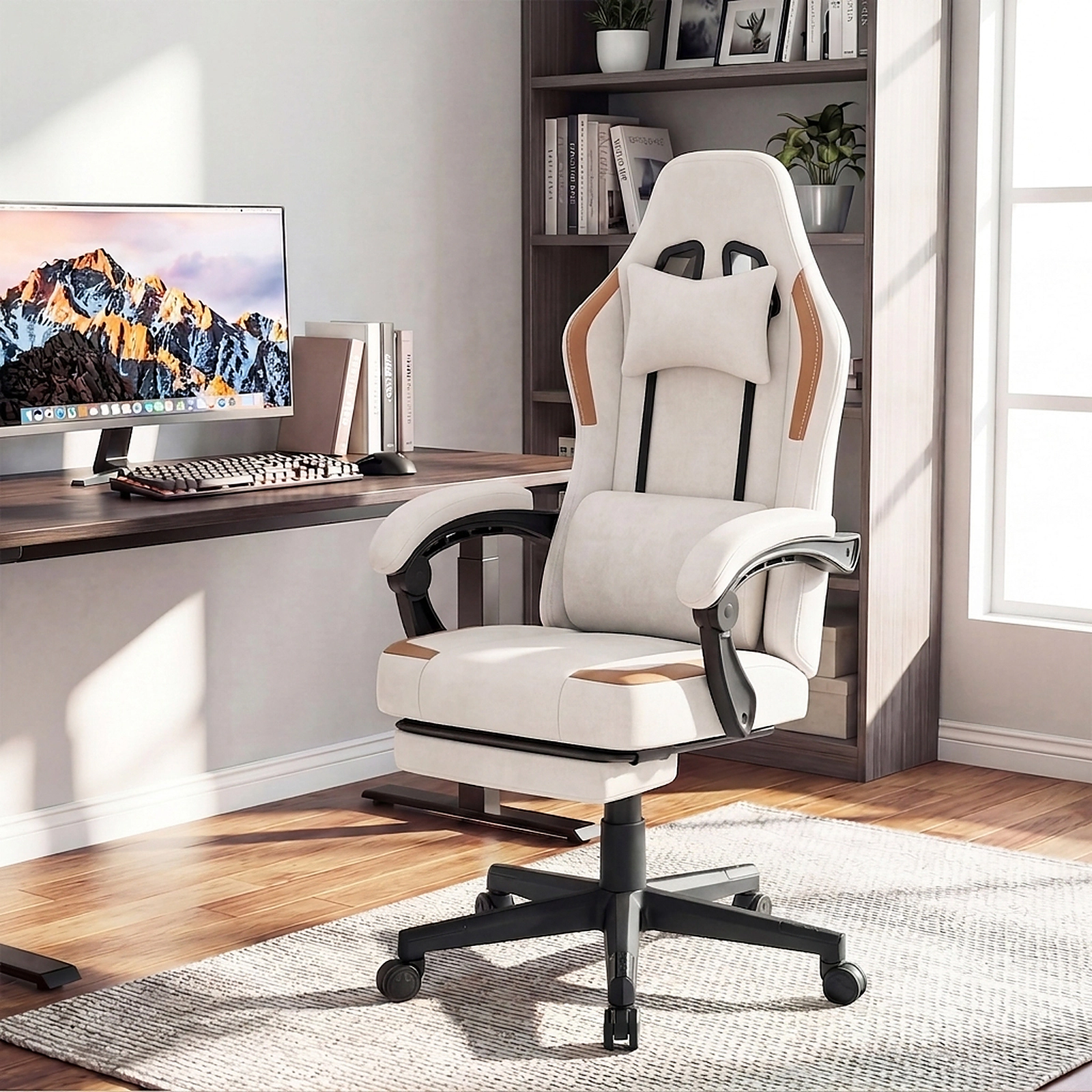 SUGIFT Beige Ergonomic Gaming Chair with Headrest, Lumbar Cushion and Footrest
