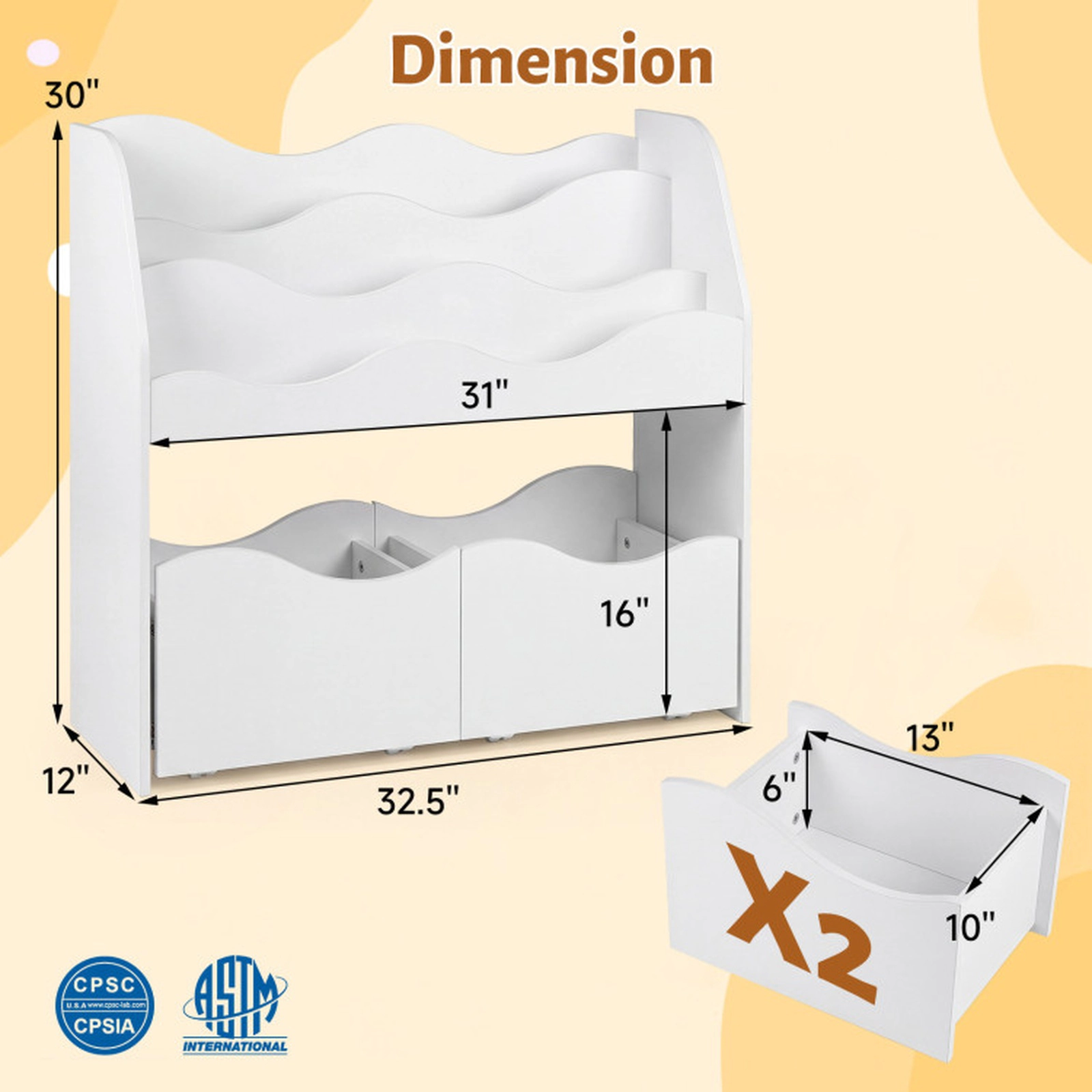 SUGIFT Kids 3-Tier Bookshelf 2 Rolling Drawers Toy Storage Organizer 32.5-in x 12-in x 30-in 33-lb Capacity White