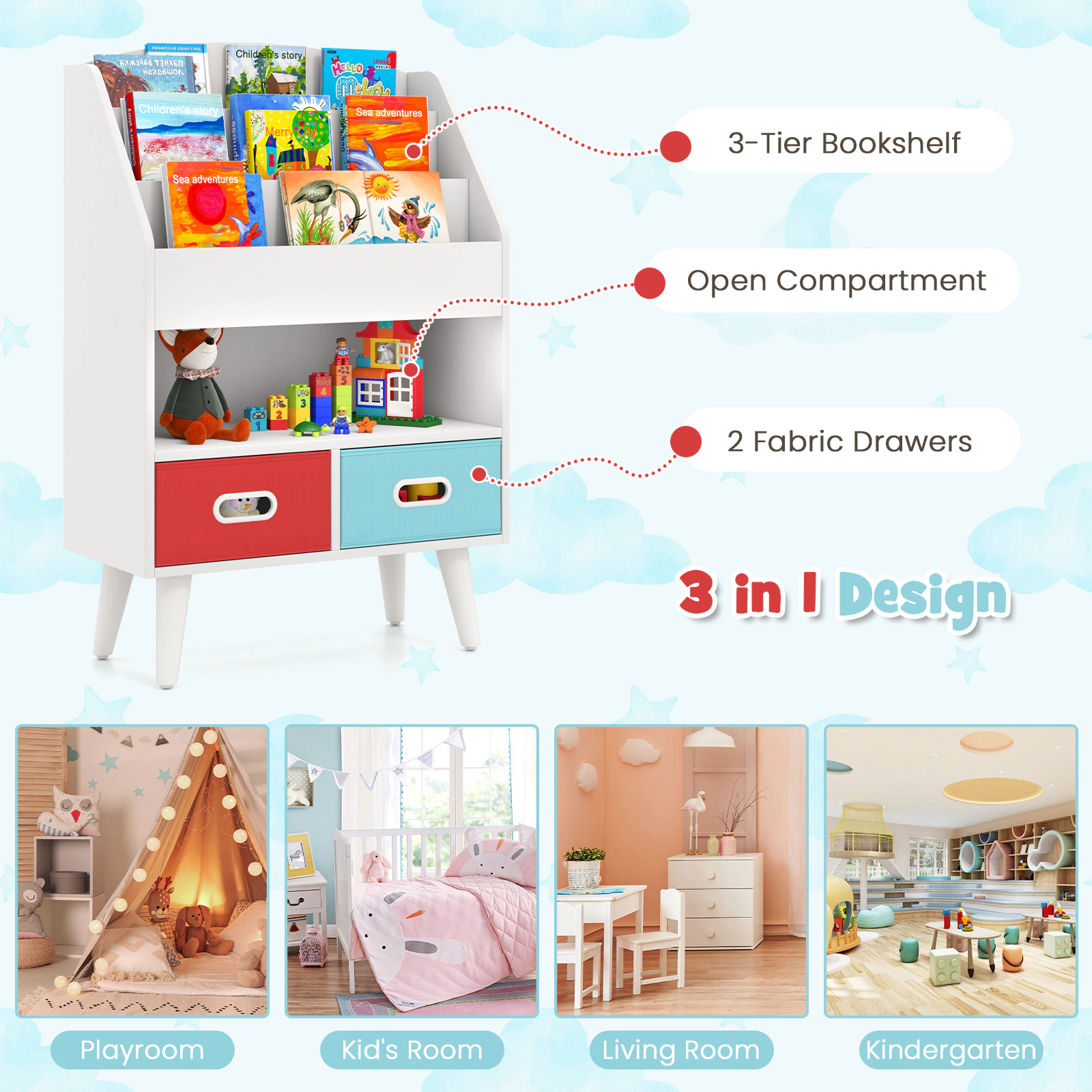 SUGIFT White 220-lb Capacity 3-Tier Kids Bookshelf with Open Compartment and 2 Foldable Fabric Drawers