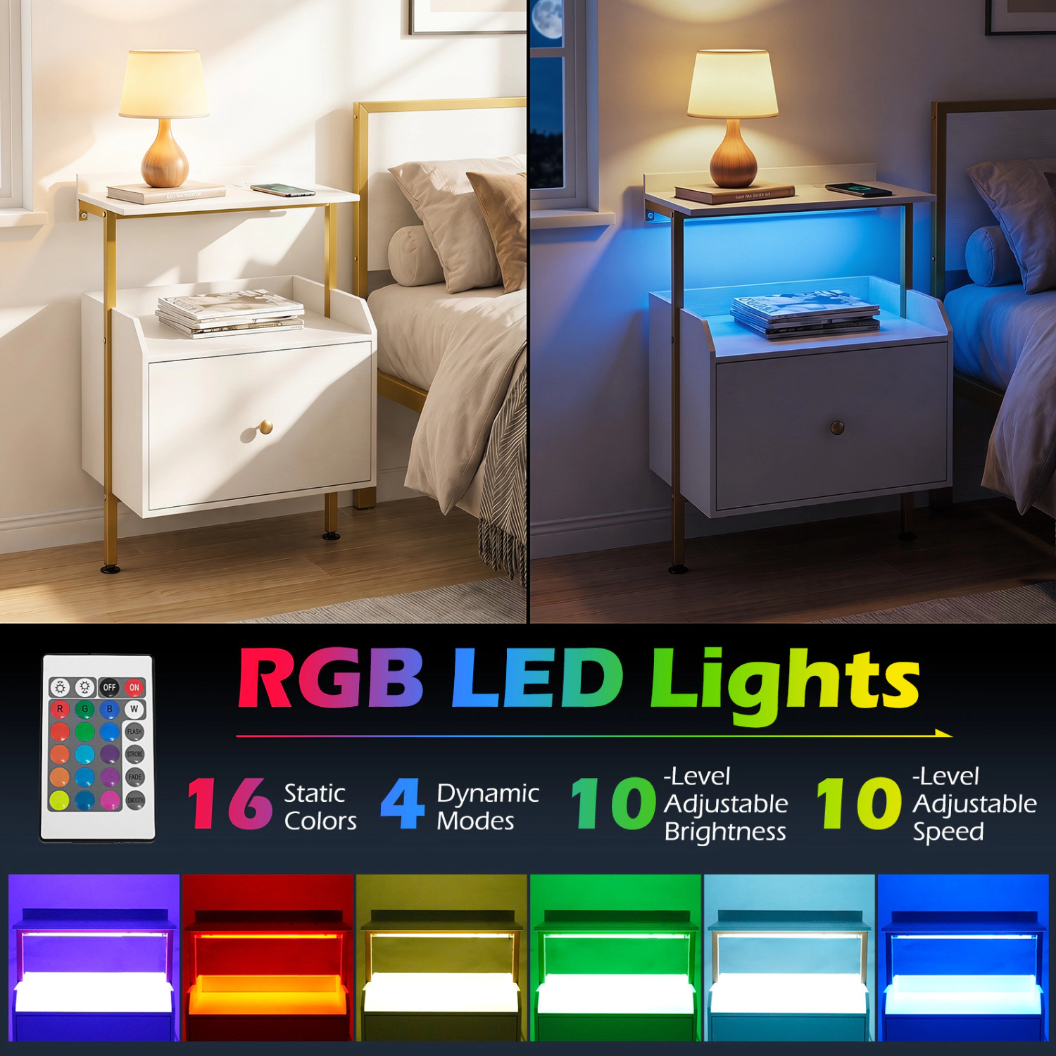 Hivvago Wall-Mounted Bedside Table with LED Lighting