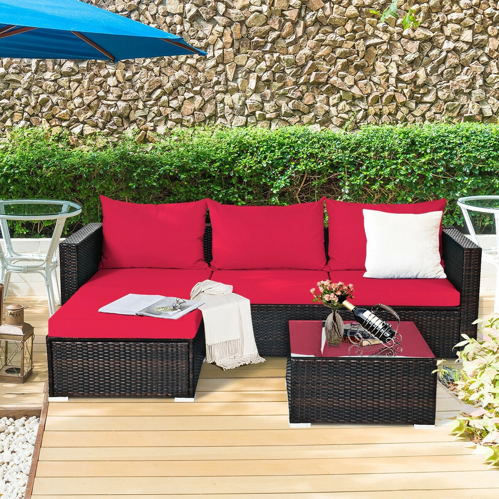 SUGIFT 5 Piece Patio Rattan Sectional Set Red with Ottoman and Tempered Glass Coffee Table