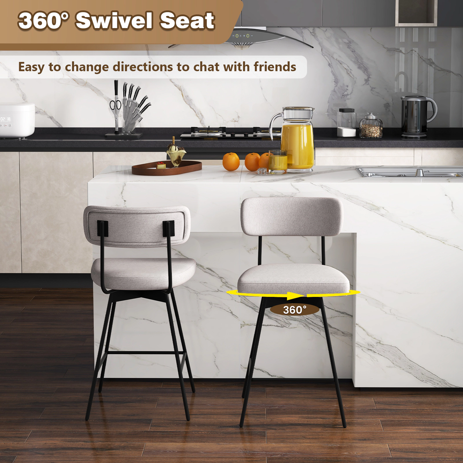 SUGIFT 25-in Seat-Height 2-Piece Modern Upholstered Bar Stools with 250-lb Capacity Back and Footrests Beige