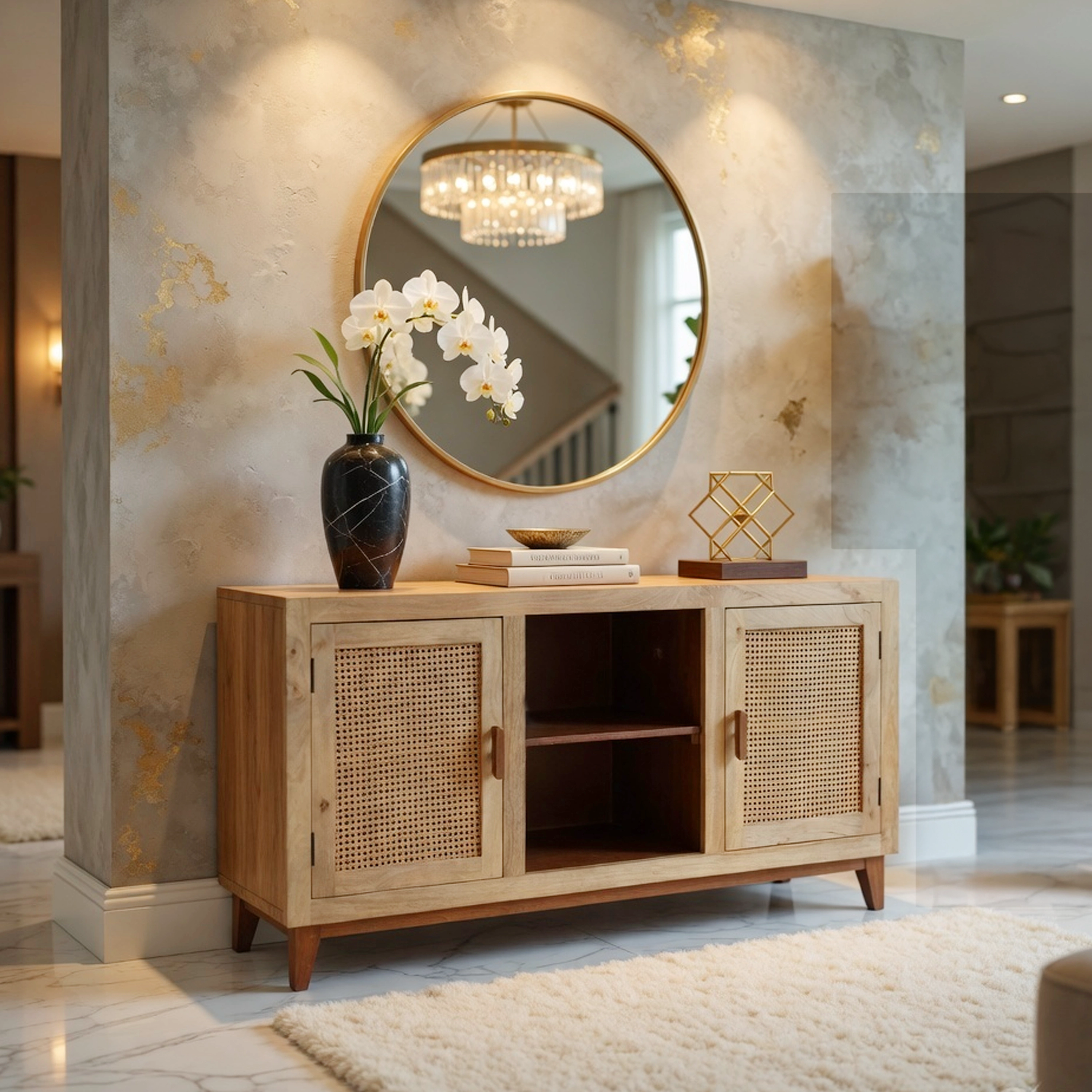 The Urban Port Aru 58 Inch 2 Cane Doors Open Shelves 2 Tone Antique Brown Mango Wood Sideboard Buffet Cabinet