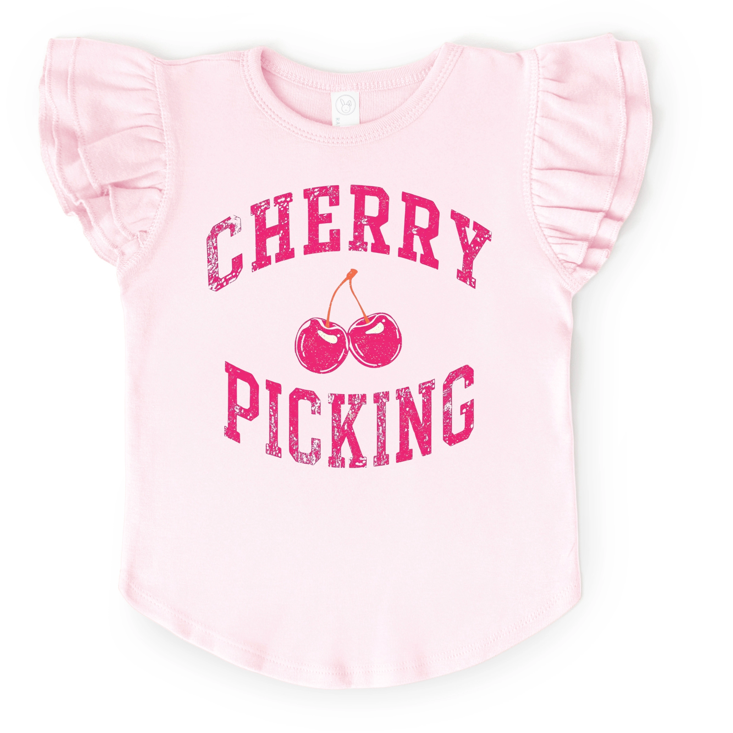 The Juniper Shop Girl's - Cherry Picking Varsity Arched Flutter Sleeve Graphic T-Shirt