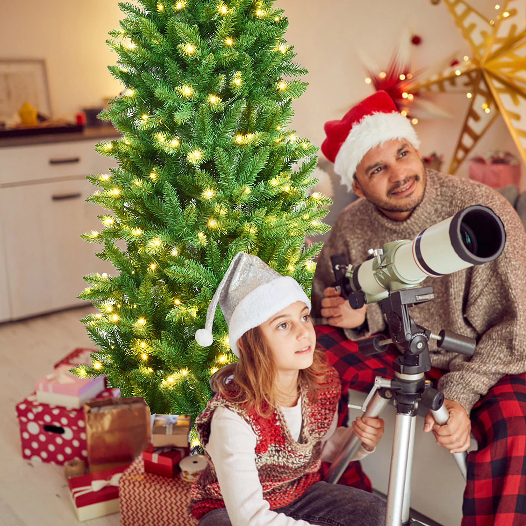 Costway 5/6/7Ft Pre-lit Artificial Pencil Christmas Tree Hinged Fir PVC Tree with 150/250/350 LED Lights
