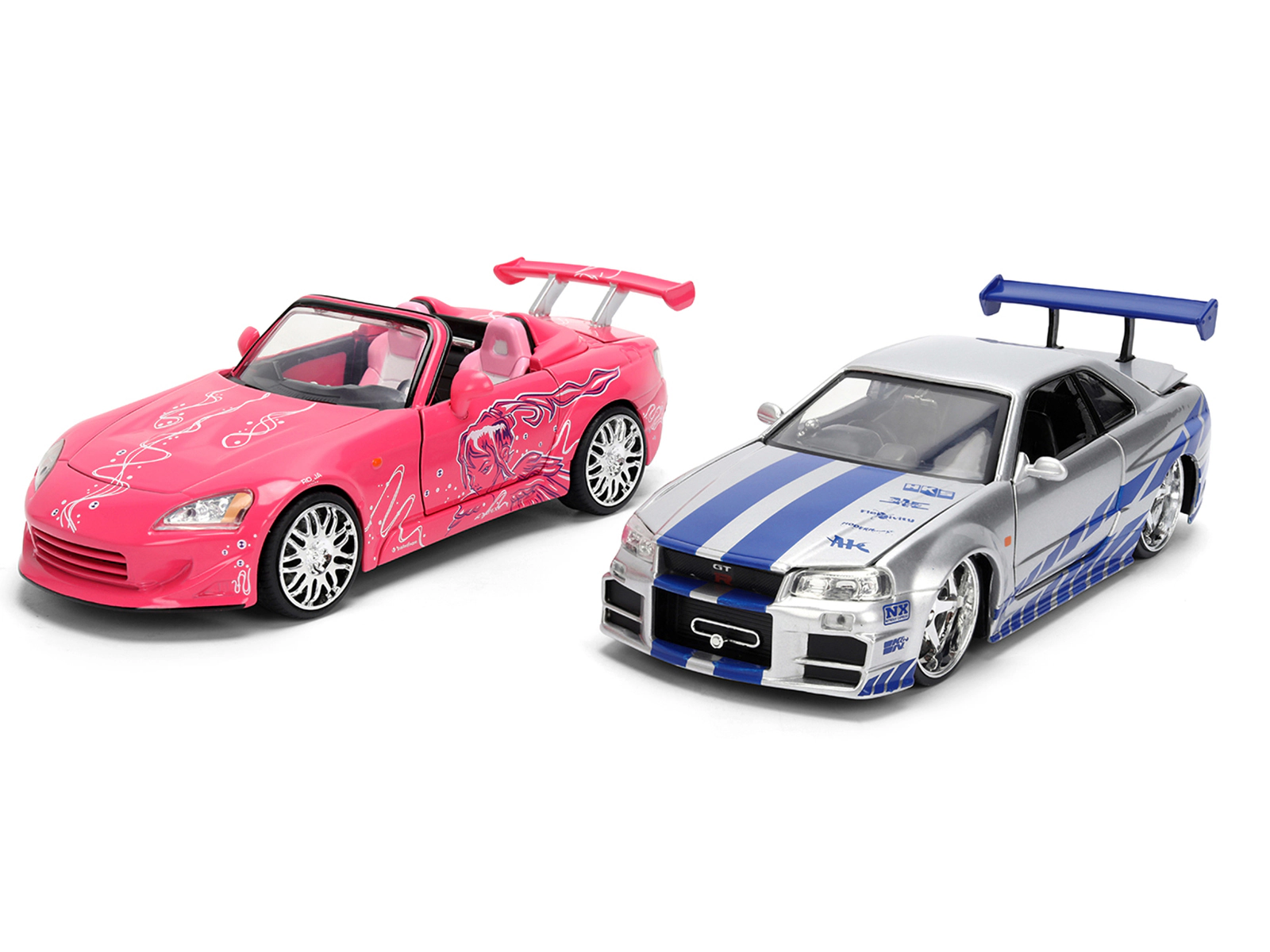 Jada Brian's Nissan Skyline GT-R (R34) Silver Metallic with Blue Stripes and Suki's Honda S2000 Pink with
