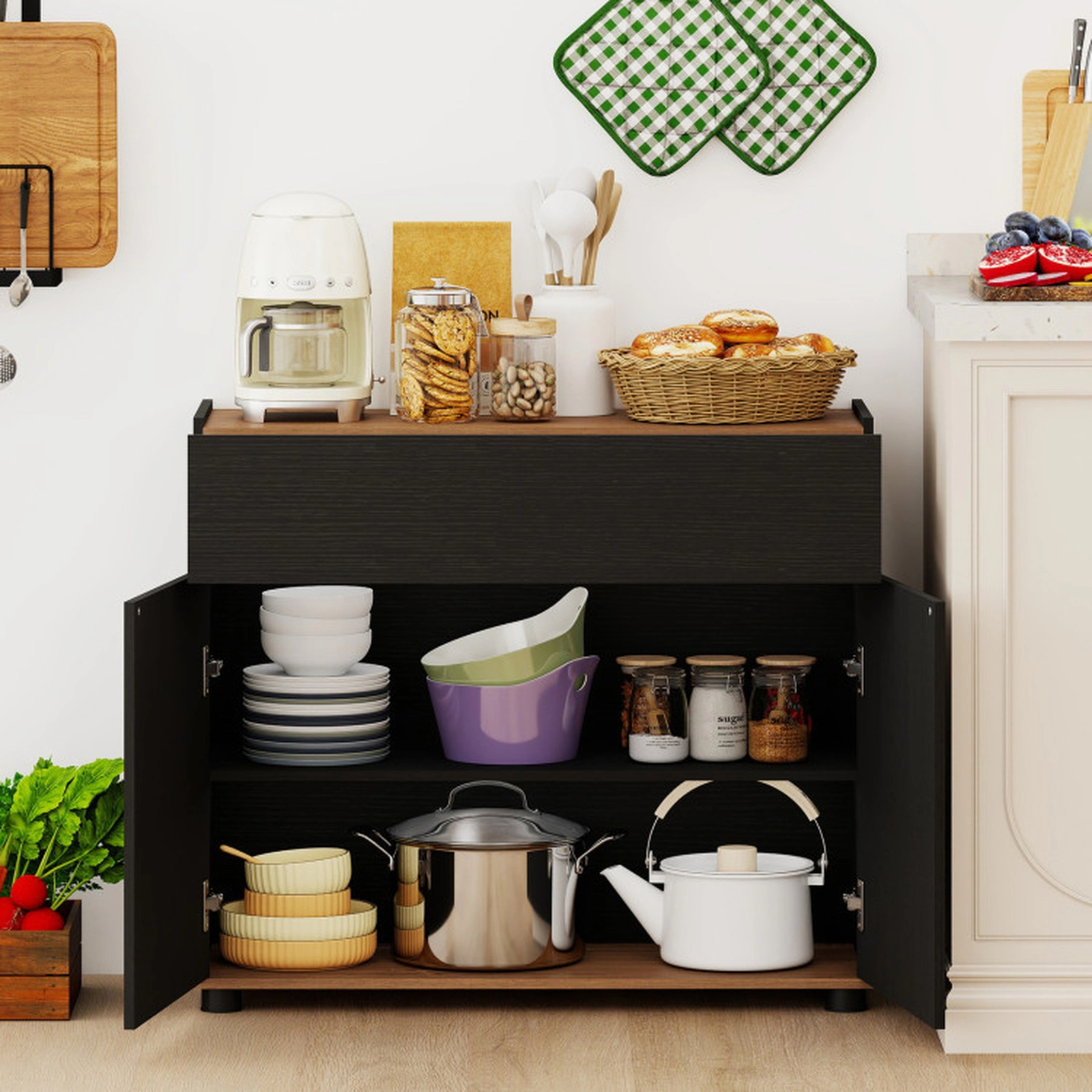 SUGIFT 31.5-in 88-lb Countertop Black Wooden Sideboard Buffet Cabinet with Push-to-Open Doors and Wide Drawer