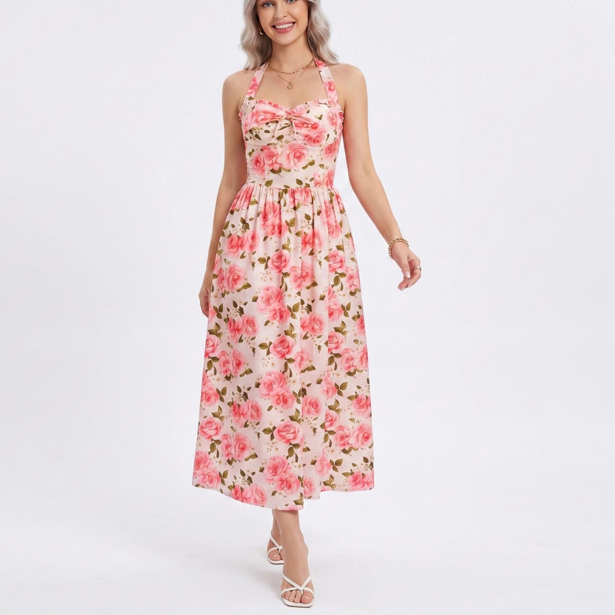Anna-Kaci Women's Floral Print Halter Smocked Back Midi Dress