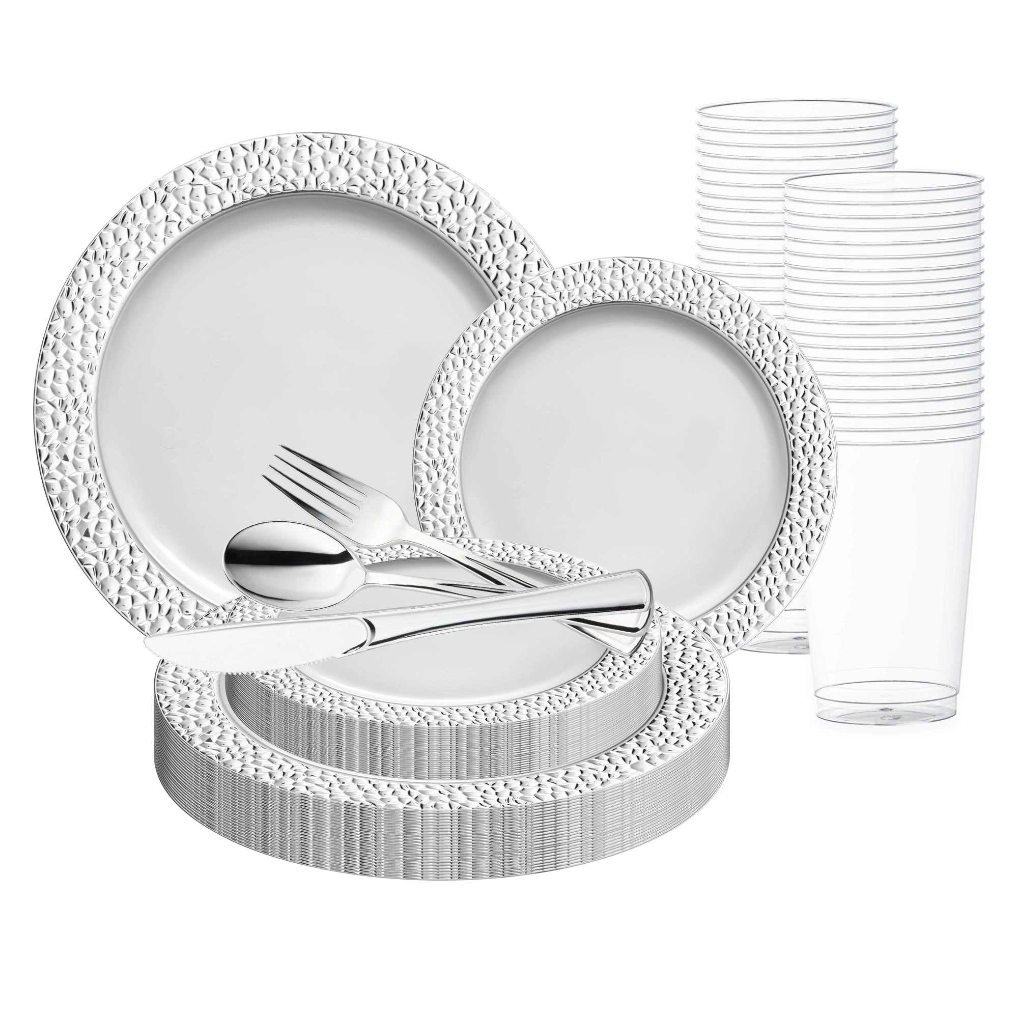Smarty Had A Party White with Silver Hammered Rim Round Plastic Wedding Value Set