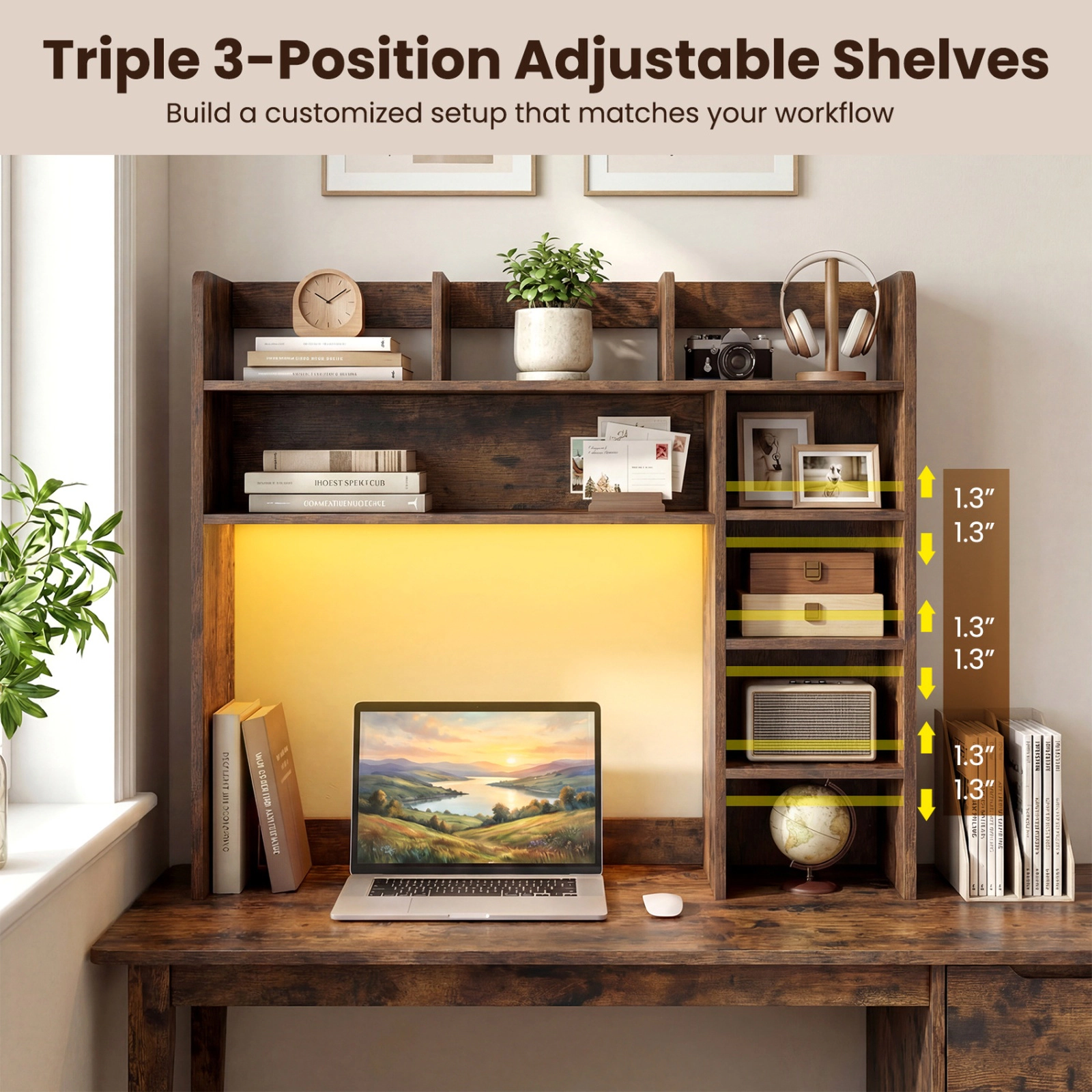 SUGIFT Rustic Brown 35.5 in Desktop Bookshelf with RGB LED Lights and Remote
