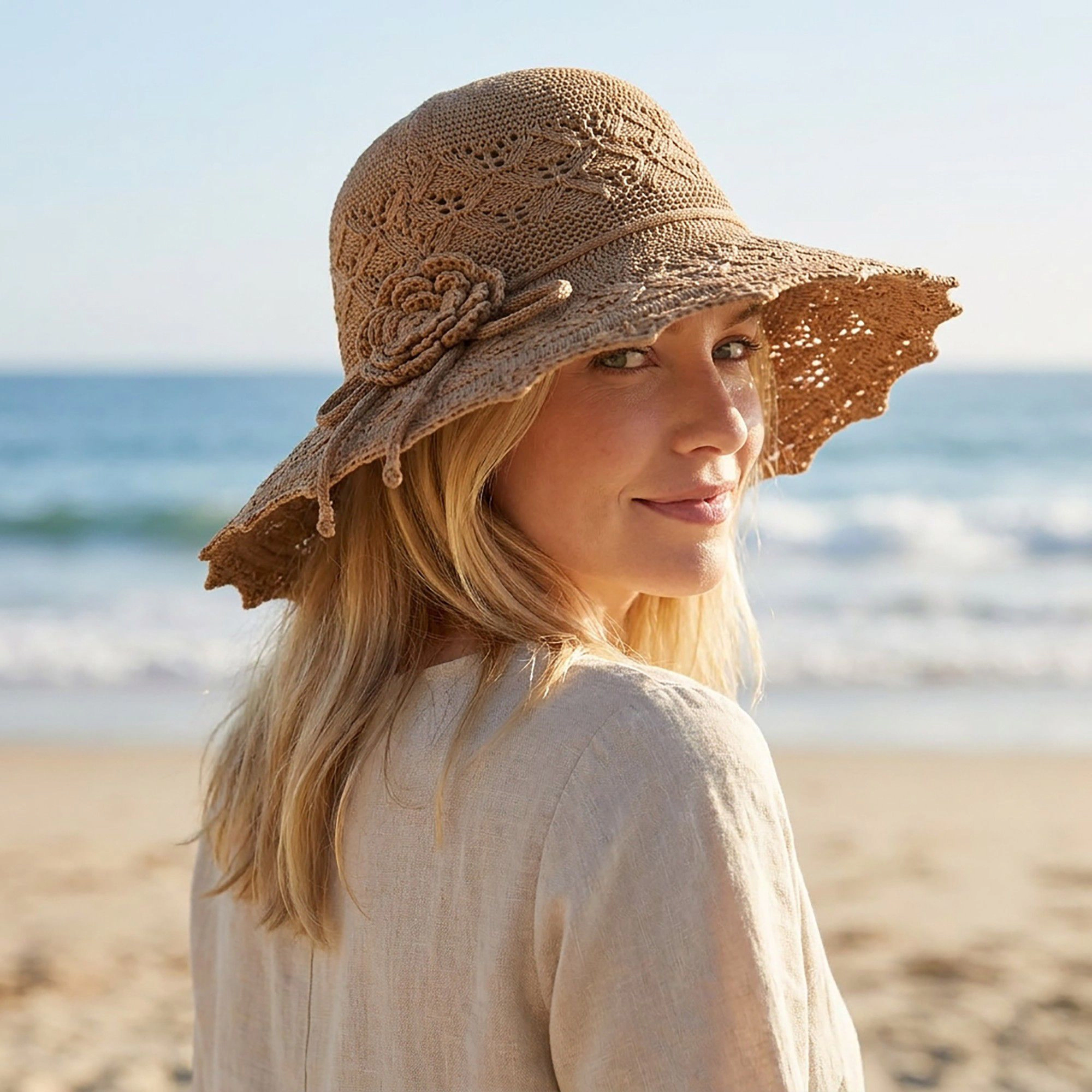 Anna-Kaci Women's Crochet Wide Brim Sun Hat with Scalloped Edge Floral Accent and Chin Strap