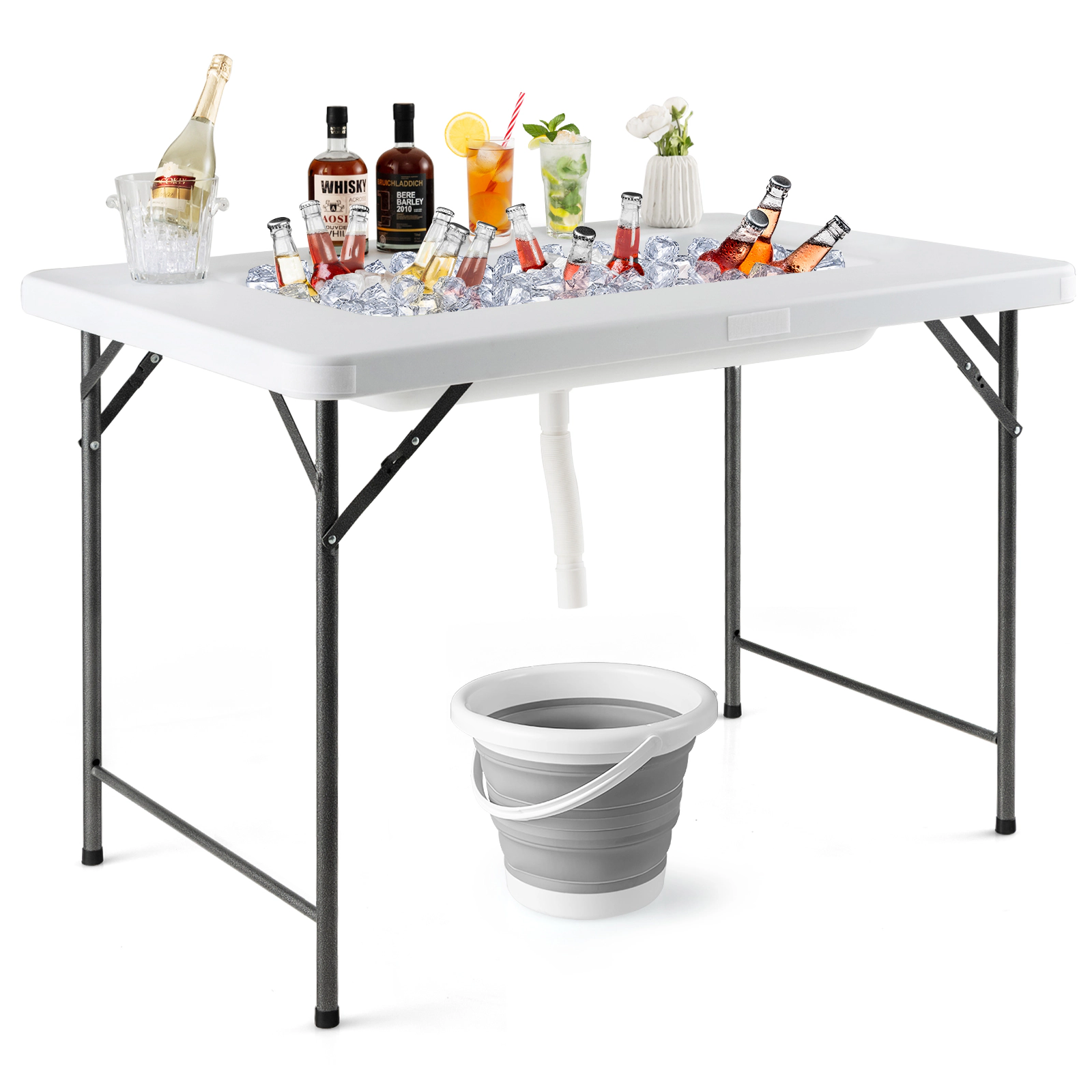 LJG 4 Feet Folding Ice Bin Table with Skirt for Camping Picnic Wedding with Ice Bucket