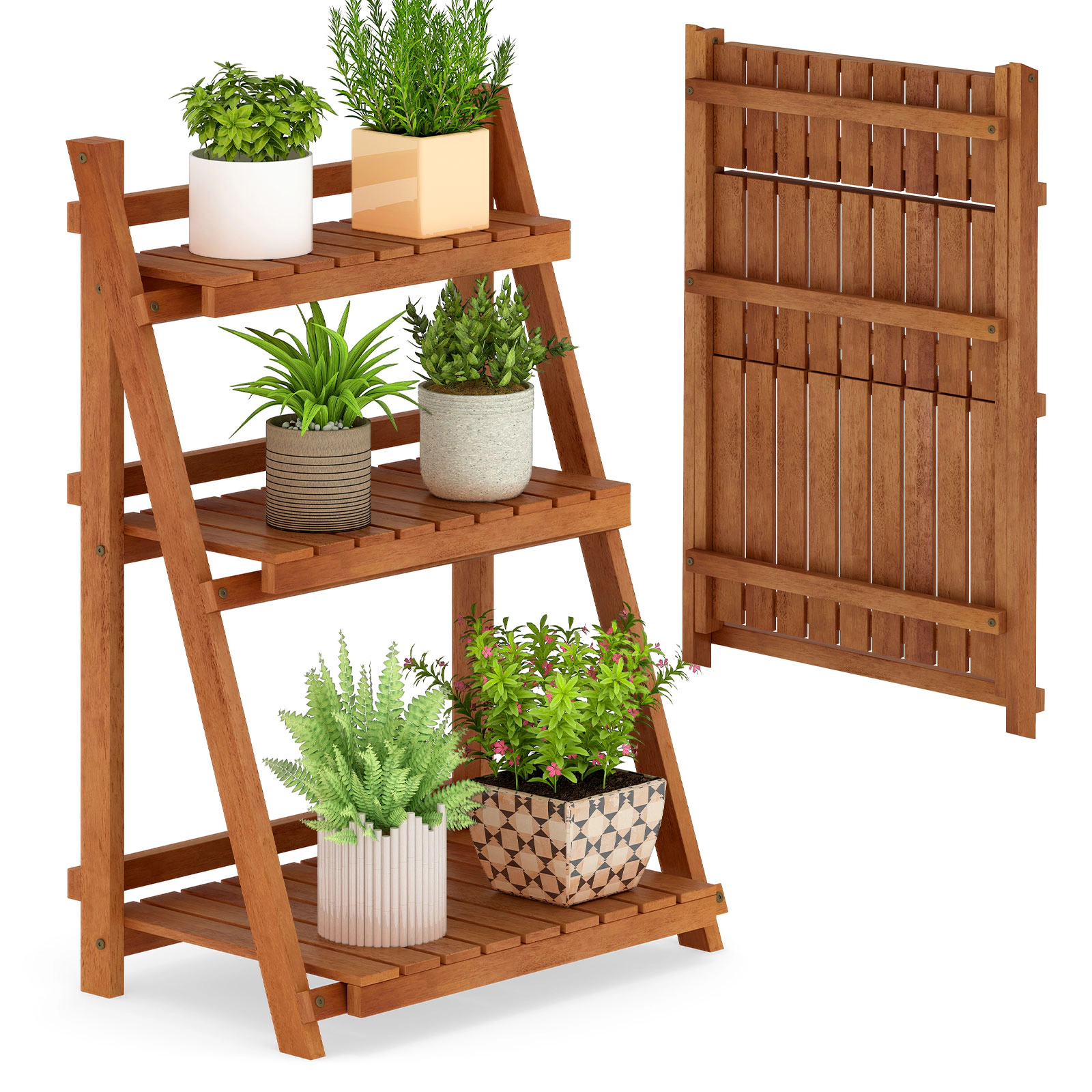 Slickblue Wooden 3 Tier Plant Shelf Foldable Ladder Rack for Indoor Balcony Garden Plants