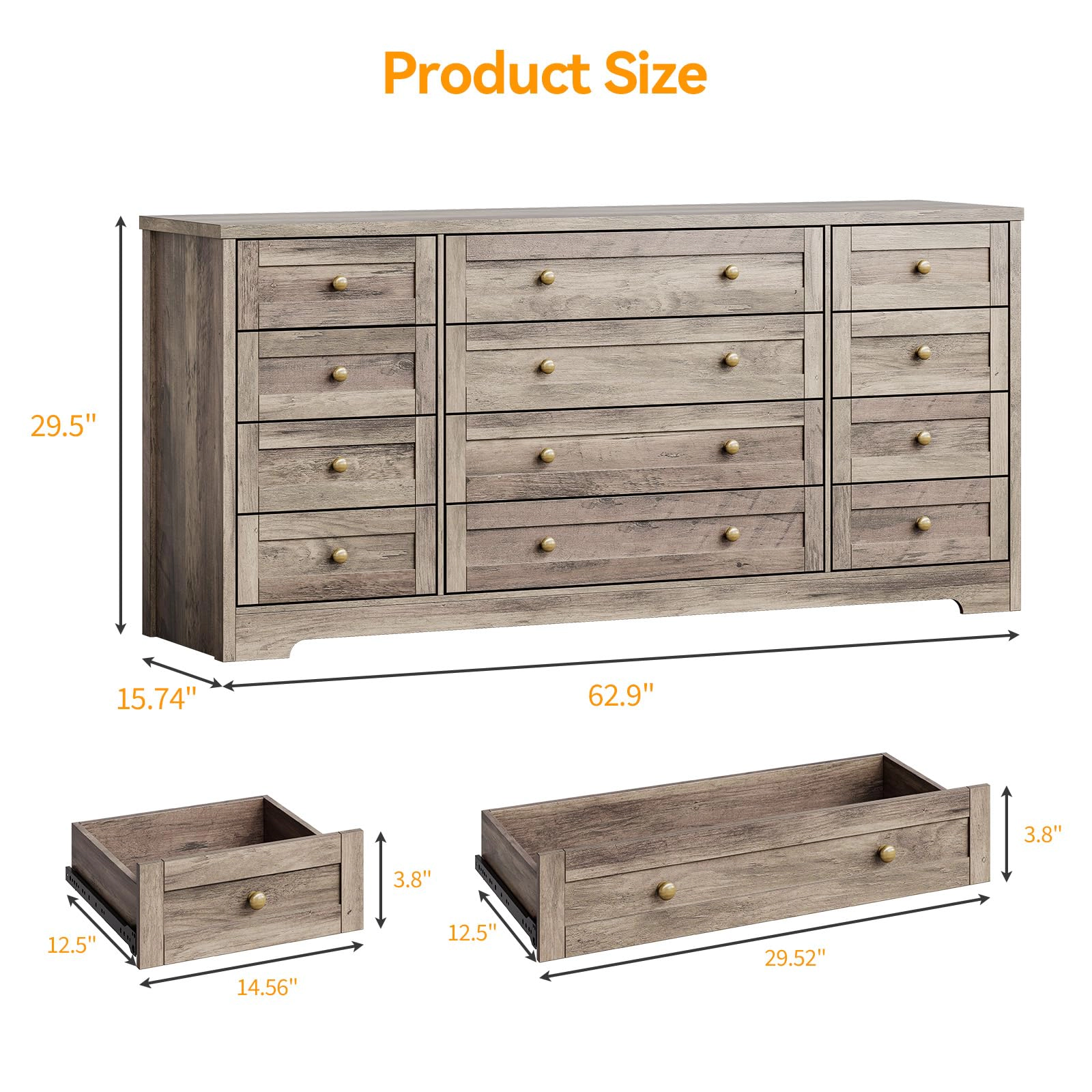 BebreezChic Modern 12-Drawer Wide Dresser TV Stand,GRAY