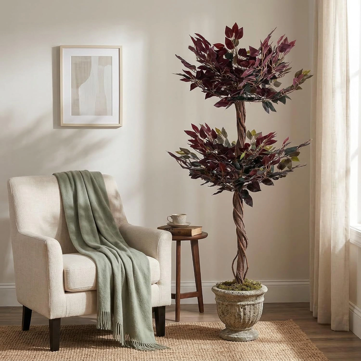 2 Pack Artificial Ficus Tree 5FT Tall, Purple Potted Faux Plant with Cement Planter and Moss