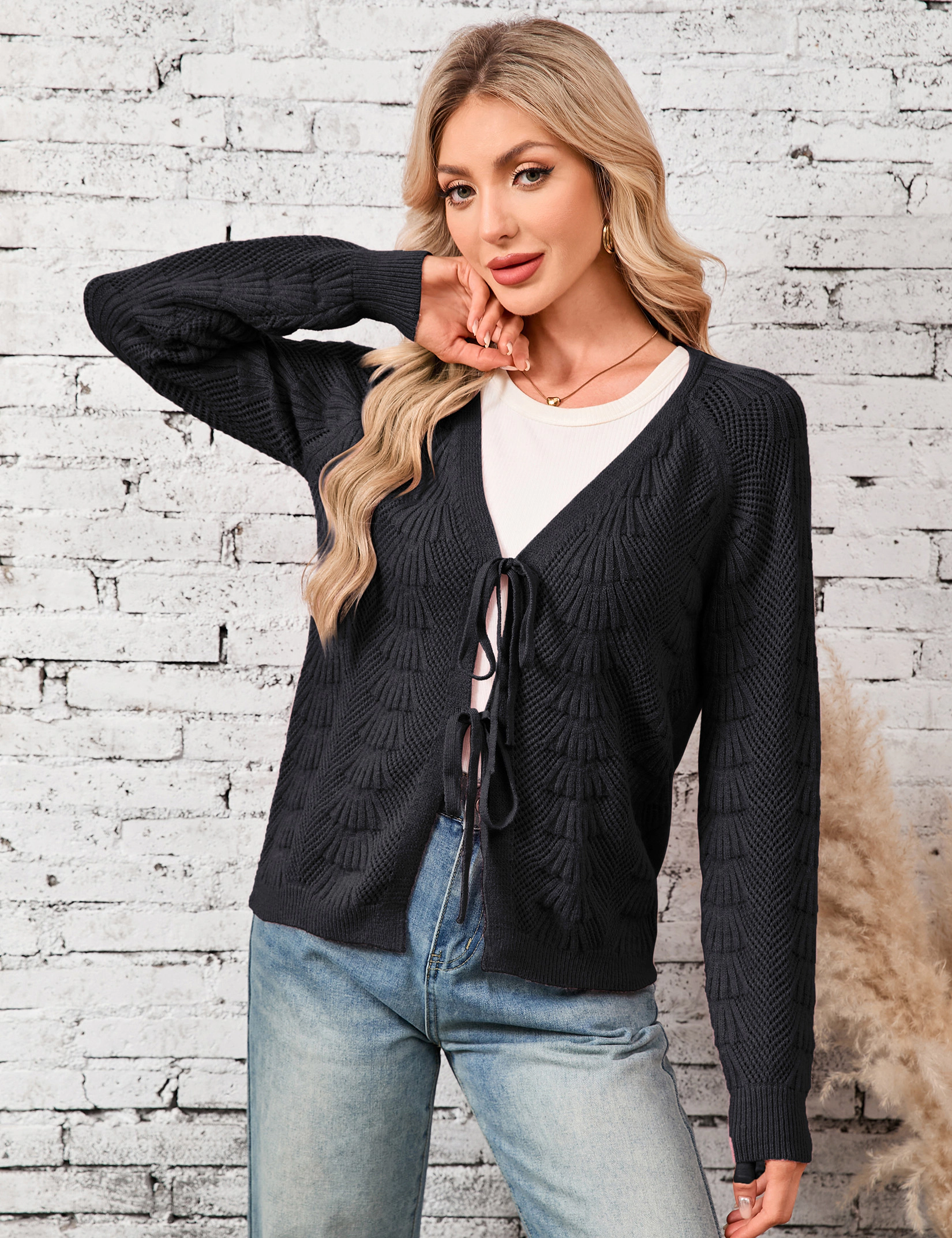 KOJOOIN Women's Lightweight Shrug Tie Front Cardigan Long Sleeve Crop Hollow Knit Sweater