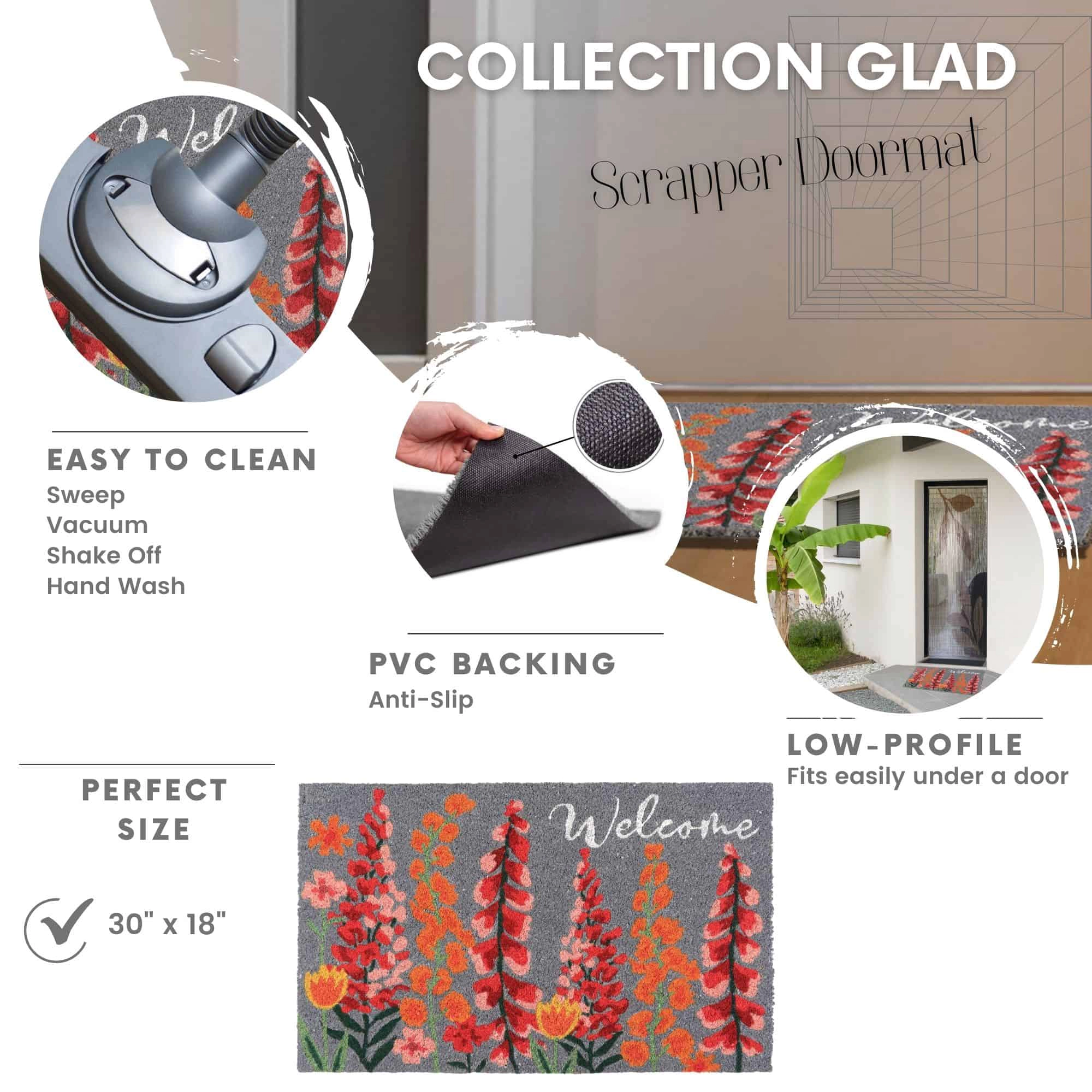 Evideco French Home Goods Gray Floral Welcome Coir Doormat 30 x 18 Inches