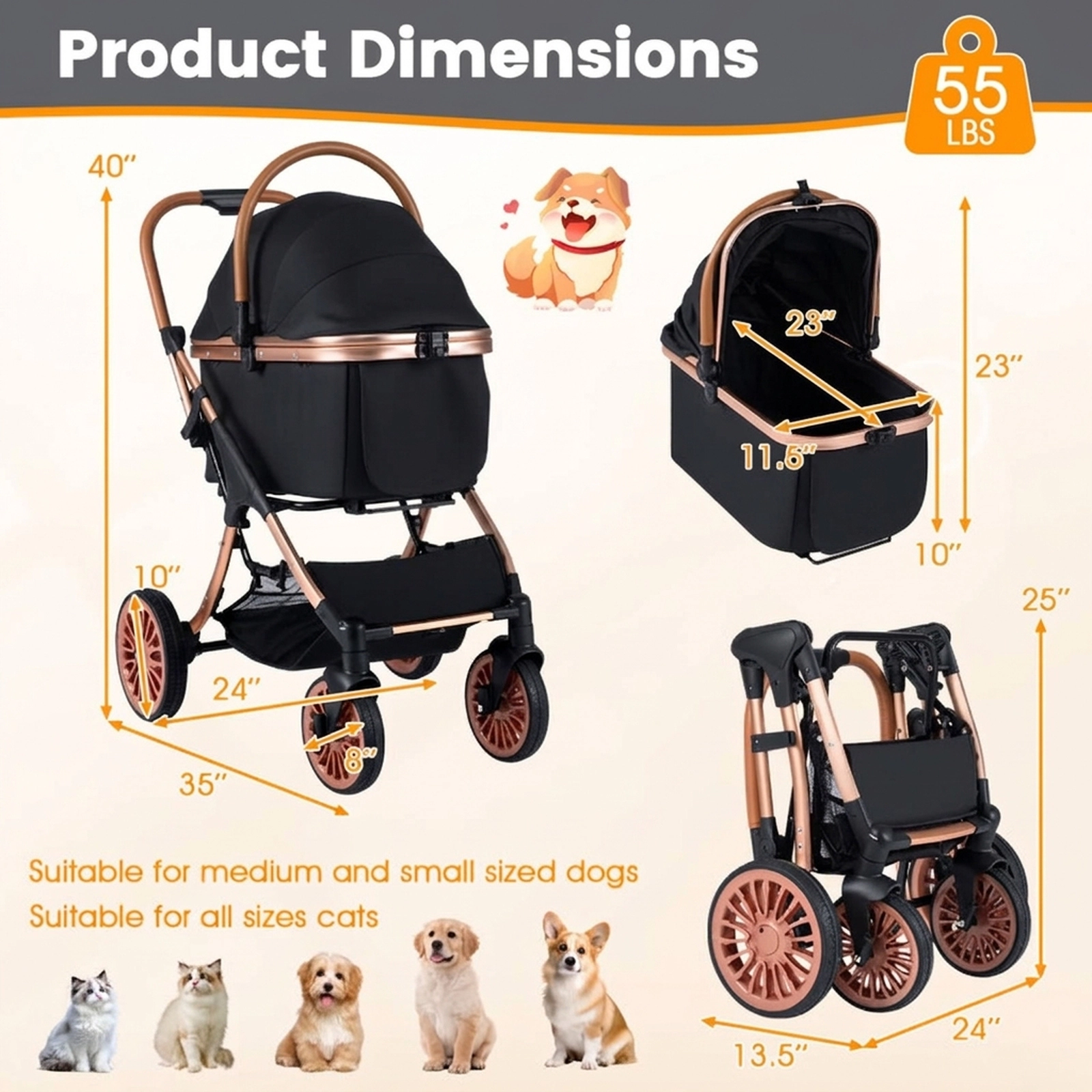 SUGIFT 35 x 40-in 55-lb Capacity Black 3-in-1 Foldable Pet Stroller Dog Carrier Car Seat with Sun Shade