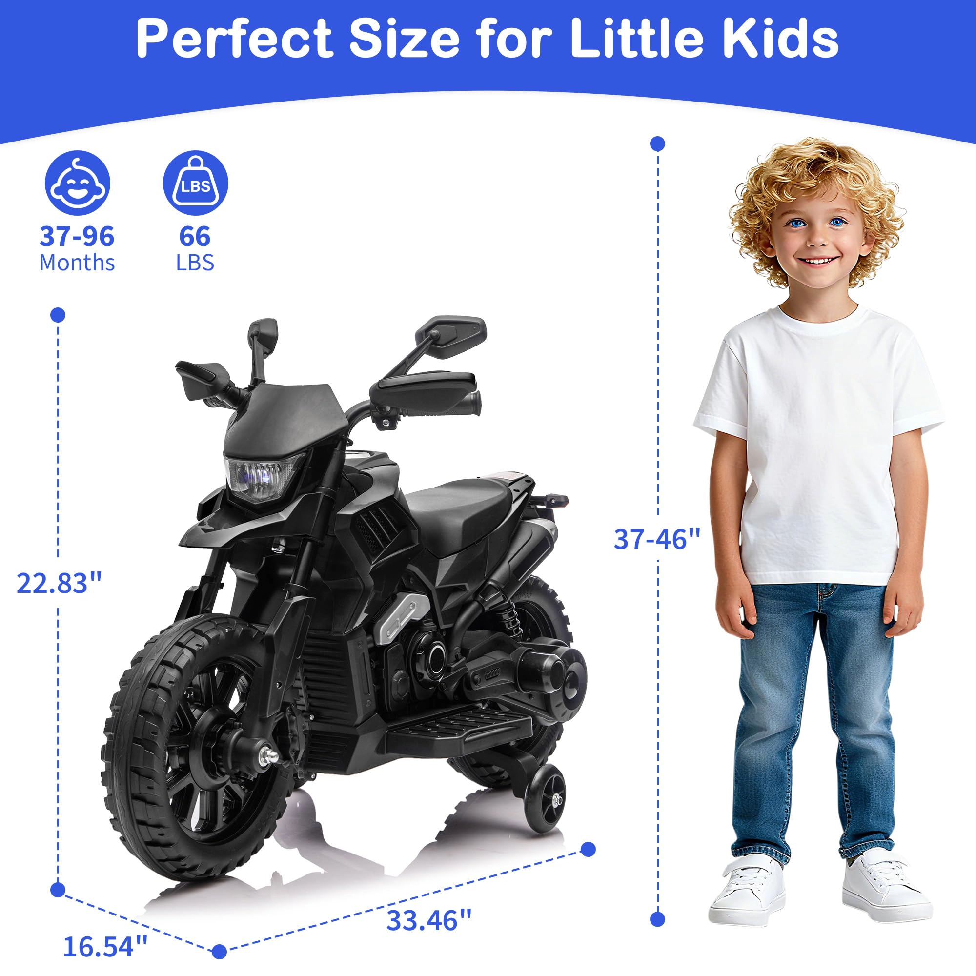 Enjyam 6v Electric Dirt Bike, Kids Ride on Motorcycle with Traning Wheels, 2-5 MPH, Headlight & Music