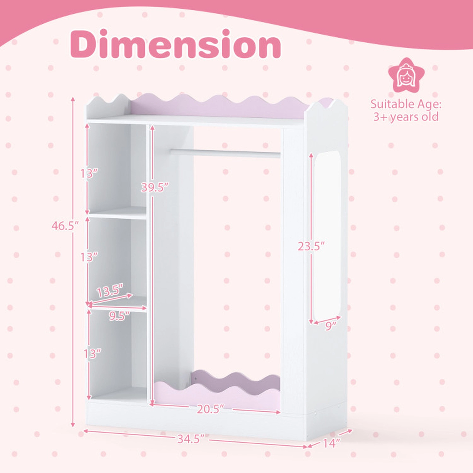 SUGIFT Pink Kids Dress Up Storage Wardrobe Closet with Full-Length Acrylic Mirror 3 Cubes and 20.5-in Hanging Rack