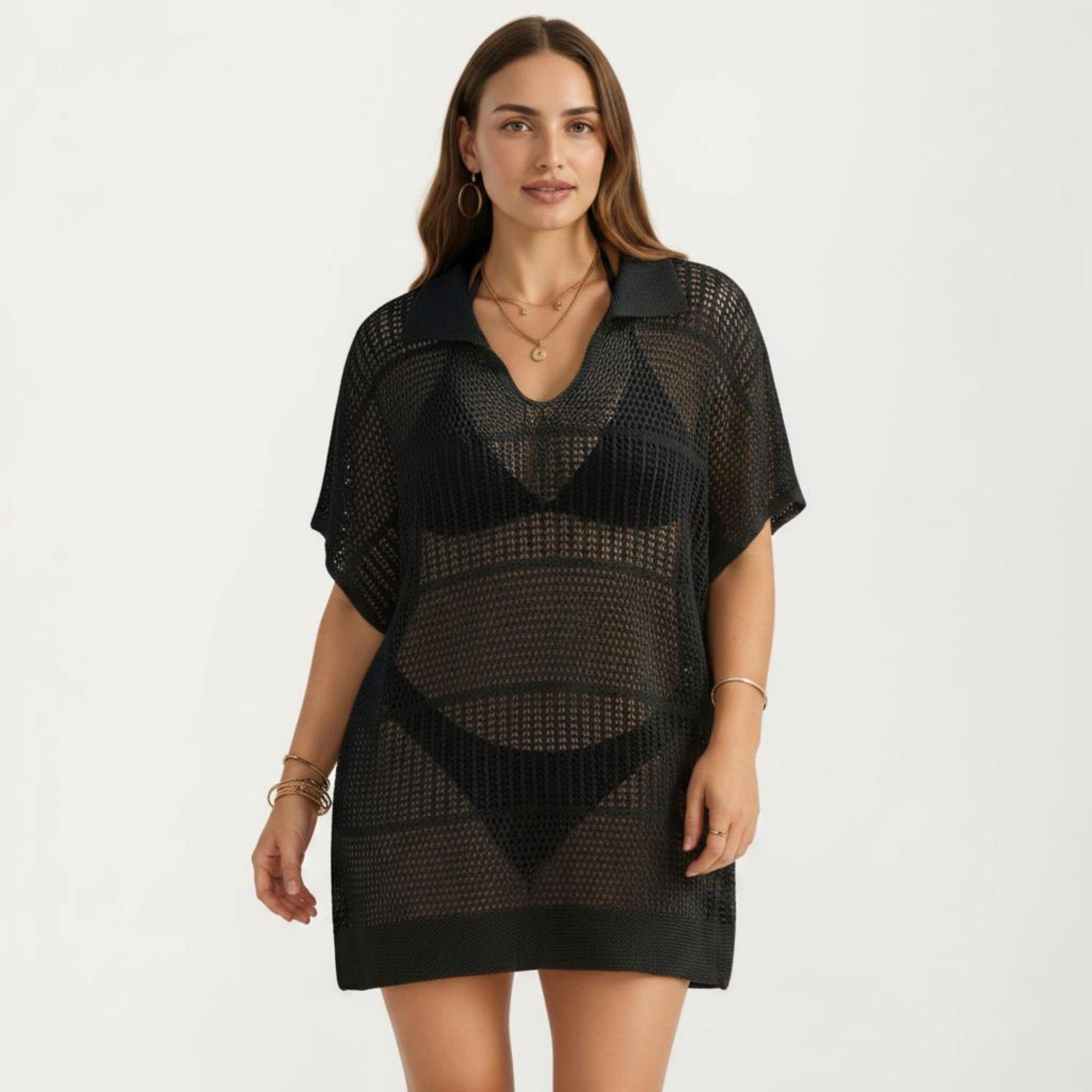Anna-Kaci Women's Mesh Open Knit Collared Neck Short Sleeve Relaxed Fit Swim Cover Up Dress