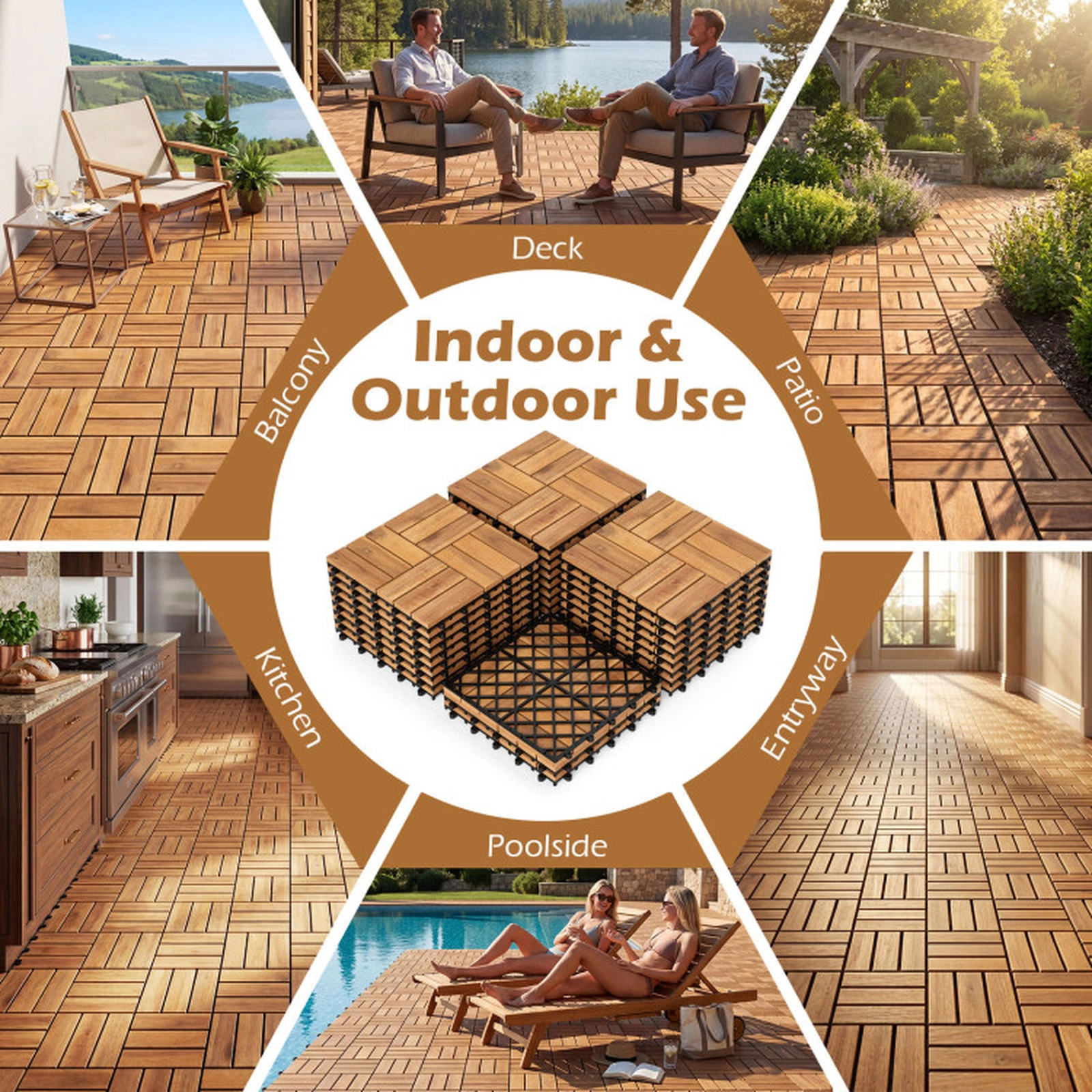 SUGIFT 54-Piece 12-in Natural Acacia Wood Interlocking Deck Tiles with Waterproof Diamond PP Base