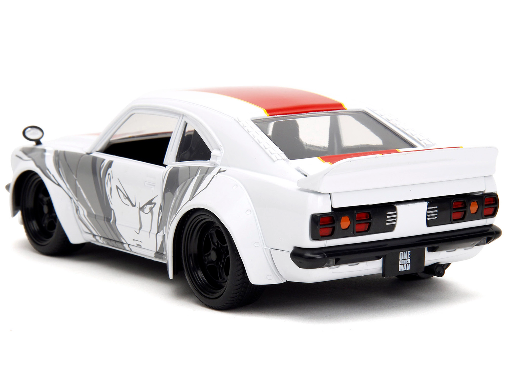 Jada 1974 Mazda RX-3 White with Red Stripe and Graphics and Saitama Diecast Figure "One Punch Man" (2015-2019)