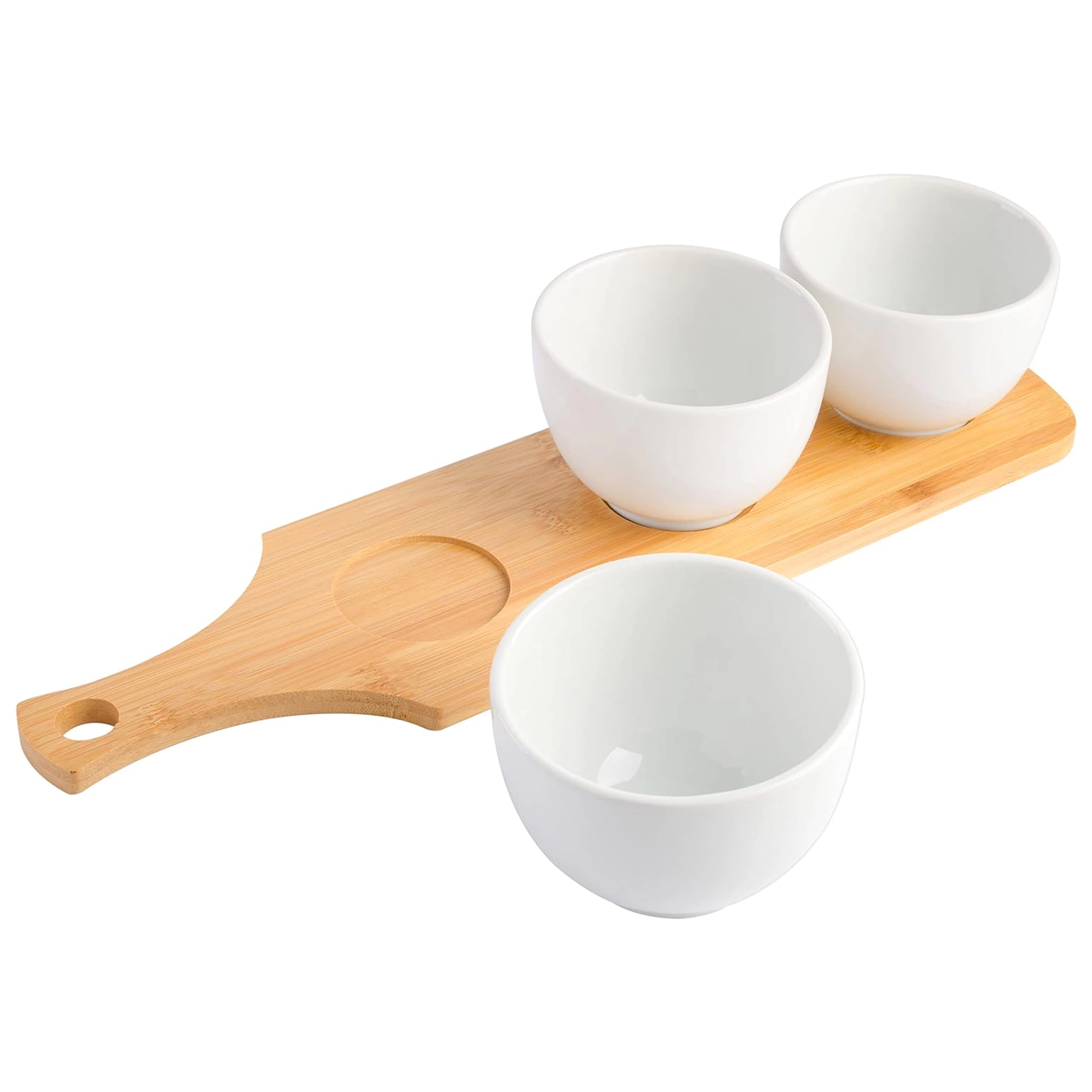 Gibson Gracious Dining 3 Piece White Fine Ceramic Tidbit Bowl Set with Bamboo Serving Tray