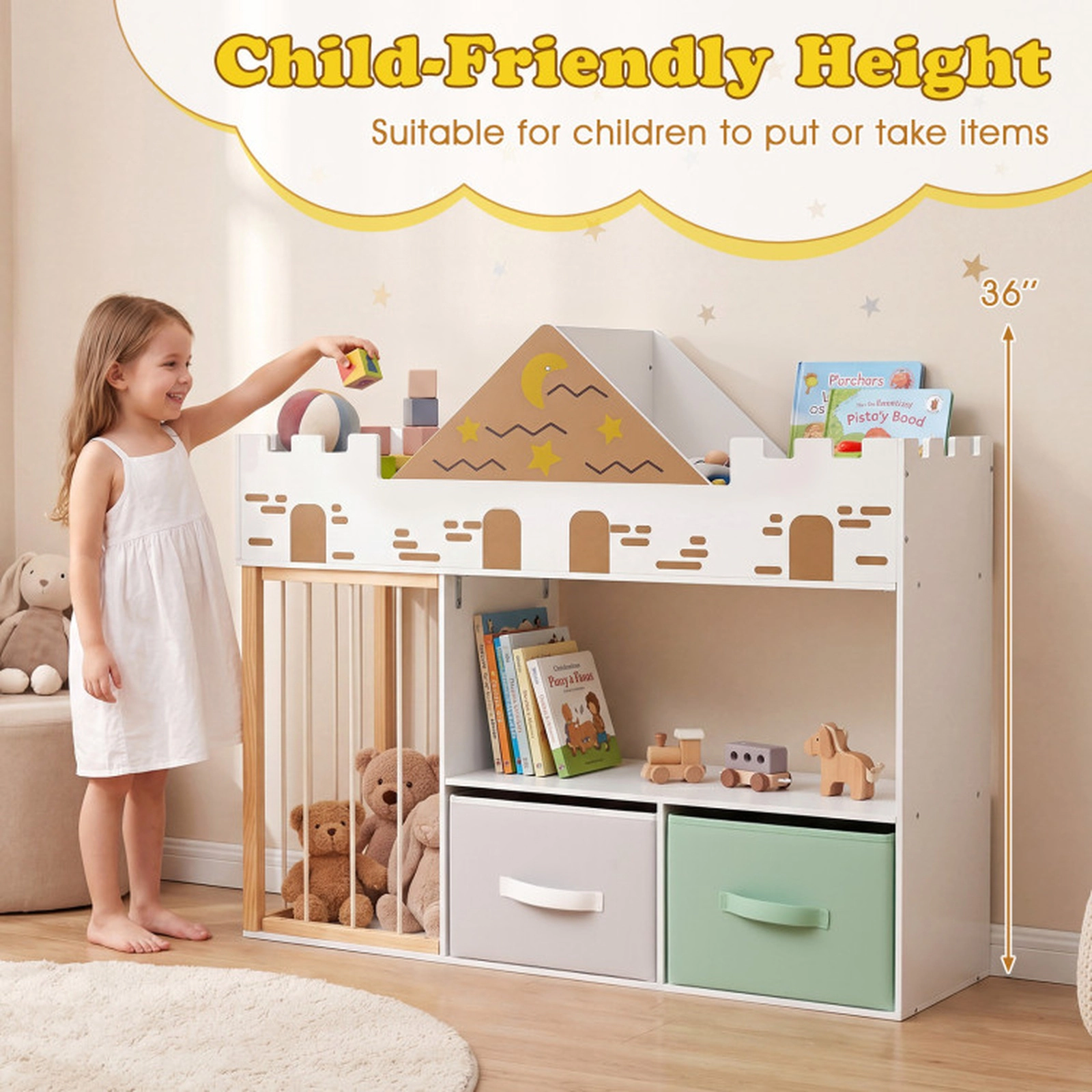 SUGIFT 36-in 35-lb Shelf Castle Kids Toy Organizer with Stuffed Animal Storage Fabric Drawers and Open Shelves