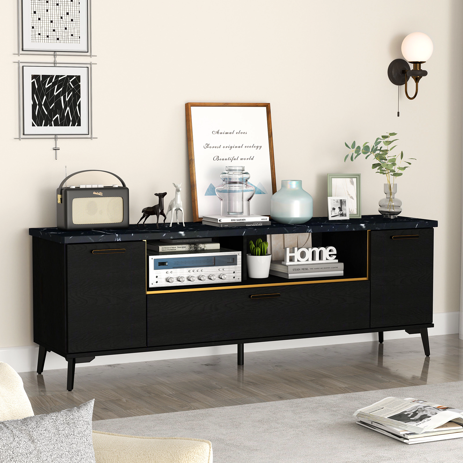 SUGIFT 63-Inch Black Faux Marble TV Stand for TVs Up to 75 Inches, Flip-Down Door and Adjustable Shelves