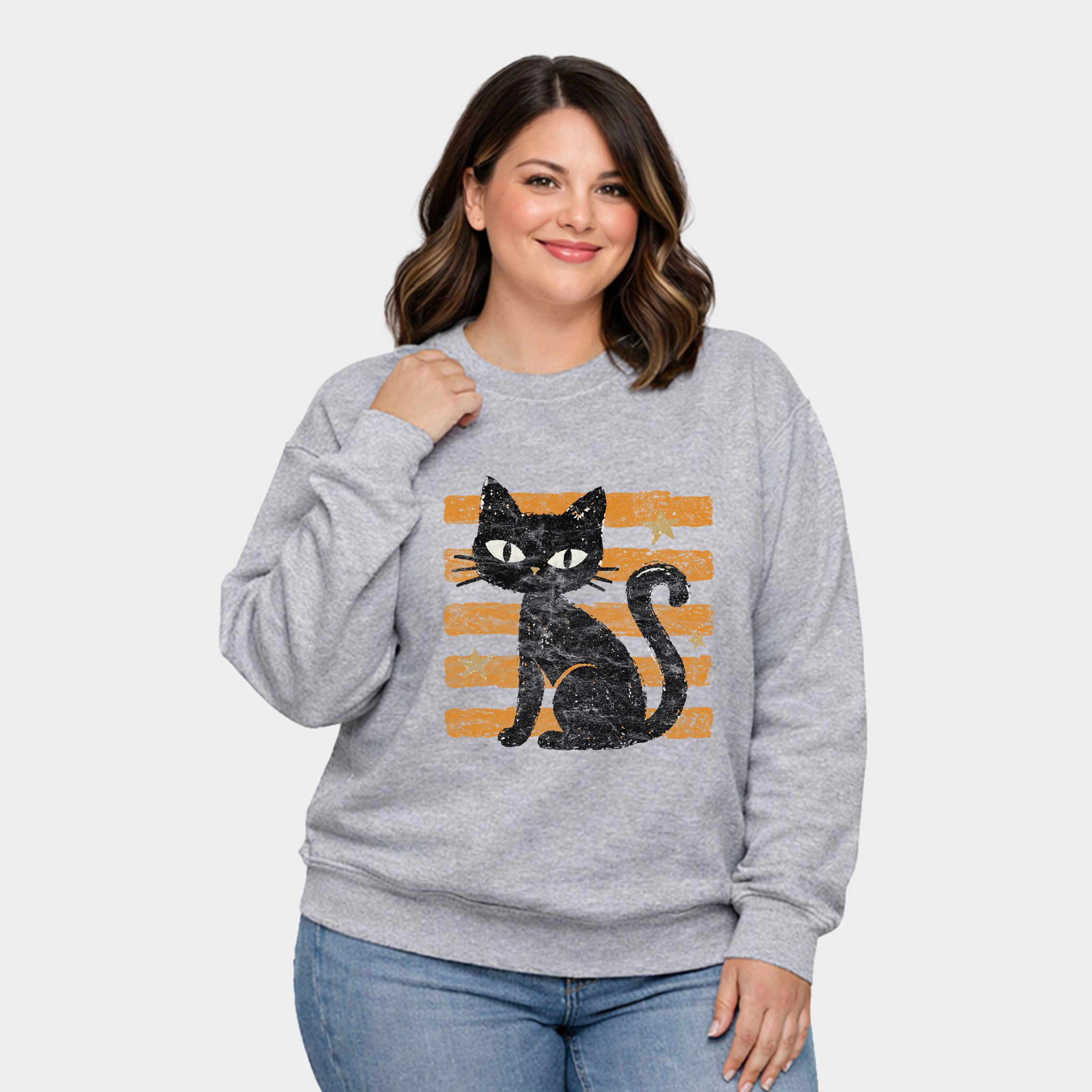 Simply Sage Market - Women's Plus Sized Graphic Sweatshirt Black Cat Orange Stripes