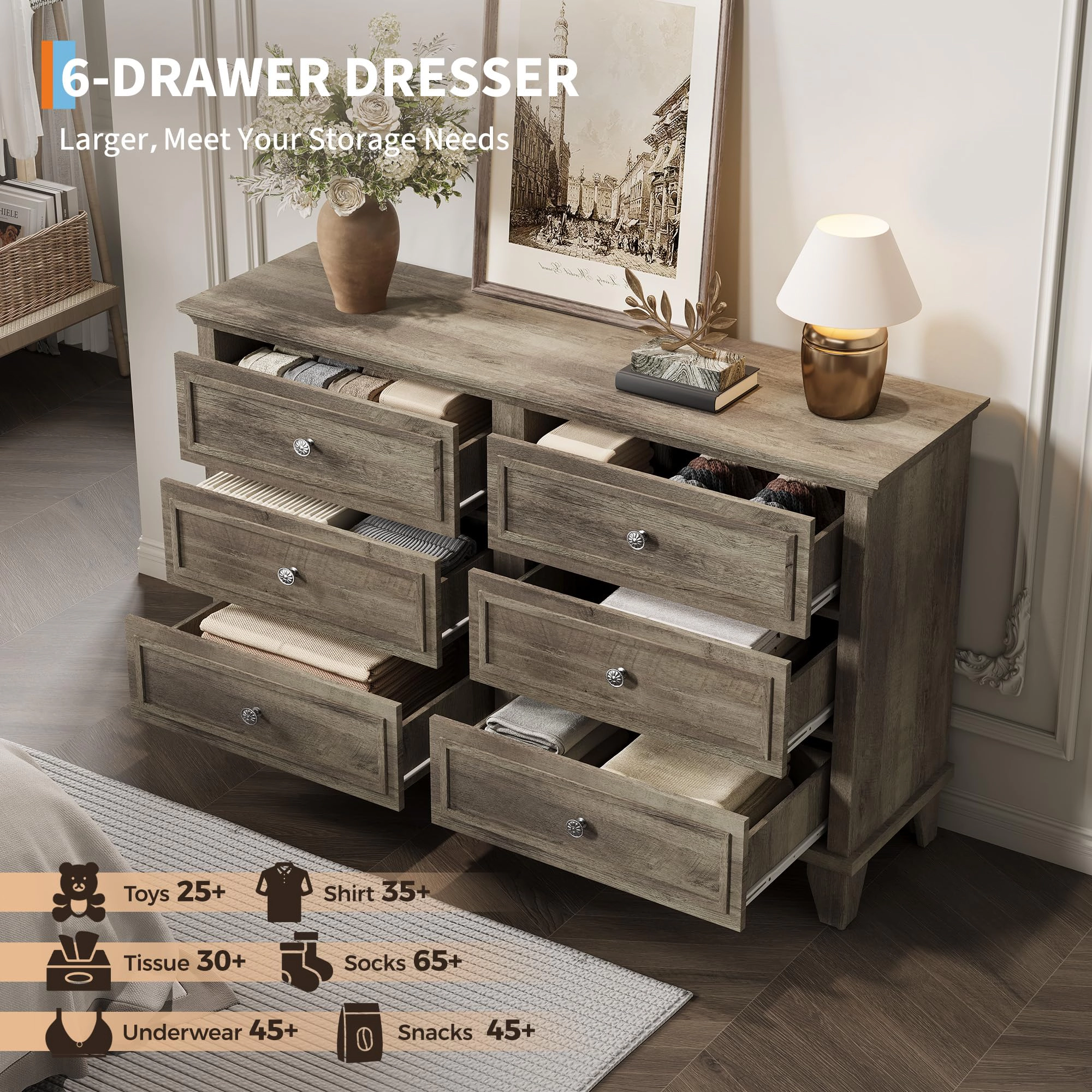 6 Drawer Dresser, Wooden Storage Chest with Metal Handles, Large TV Stand for Bedroom & Living Room