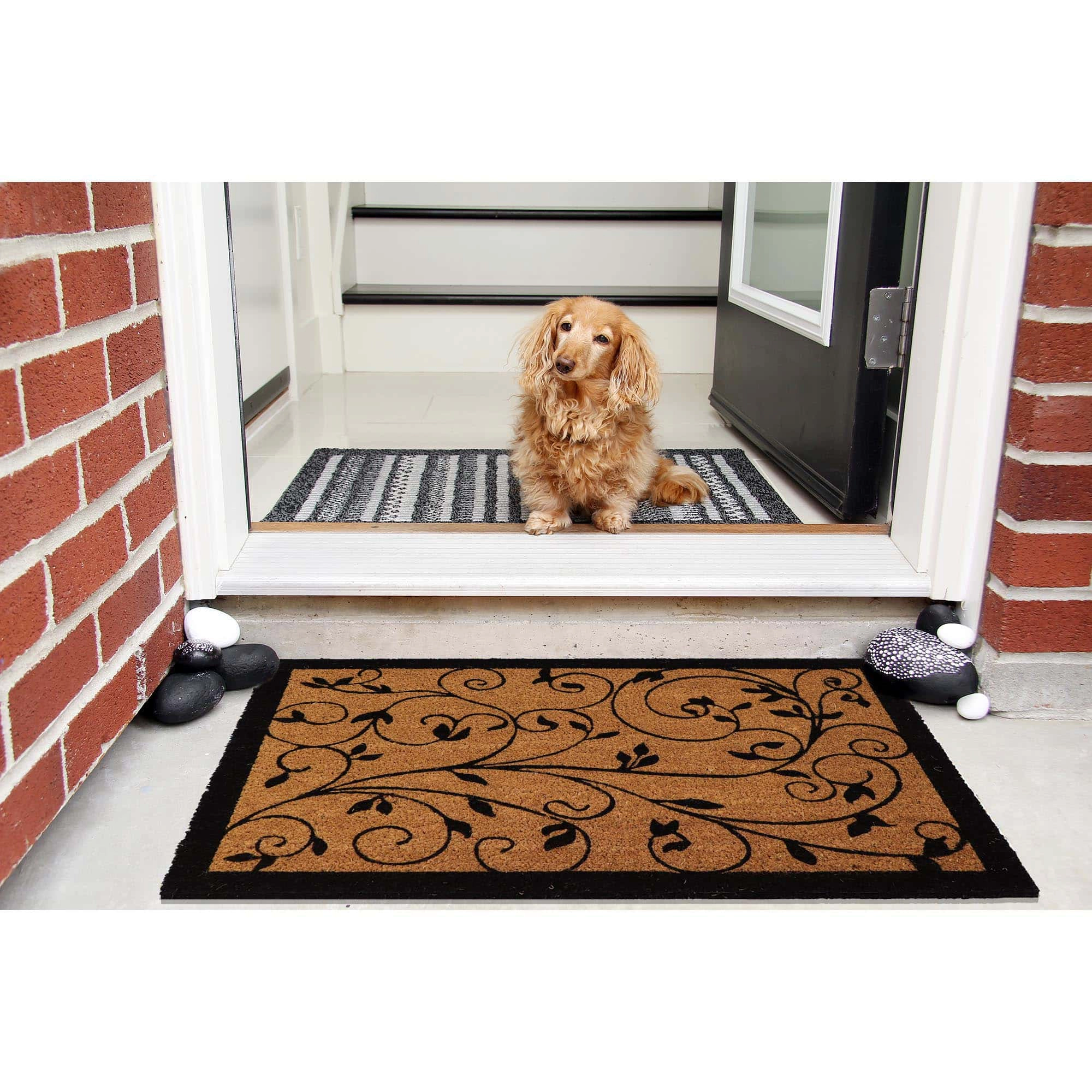 Evideco French Home Goods Natural and Black Leafy Vine Coir Doormat 30 x 18 Inches