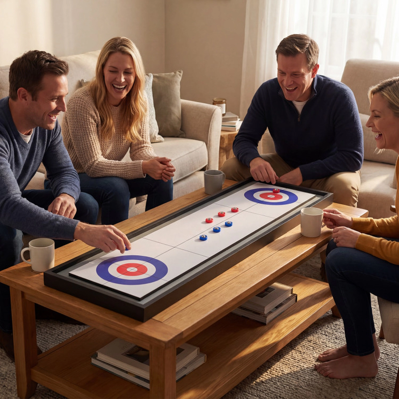 SUGIFT 42.5-in 2-Sided Tabletop Shuffleboard and Curling Board Game with 8 Rolling Pucks and Wooden Frame