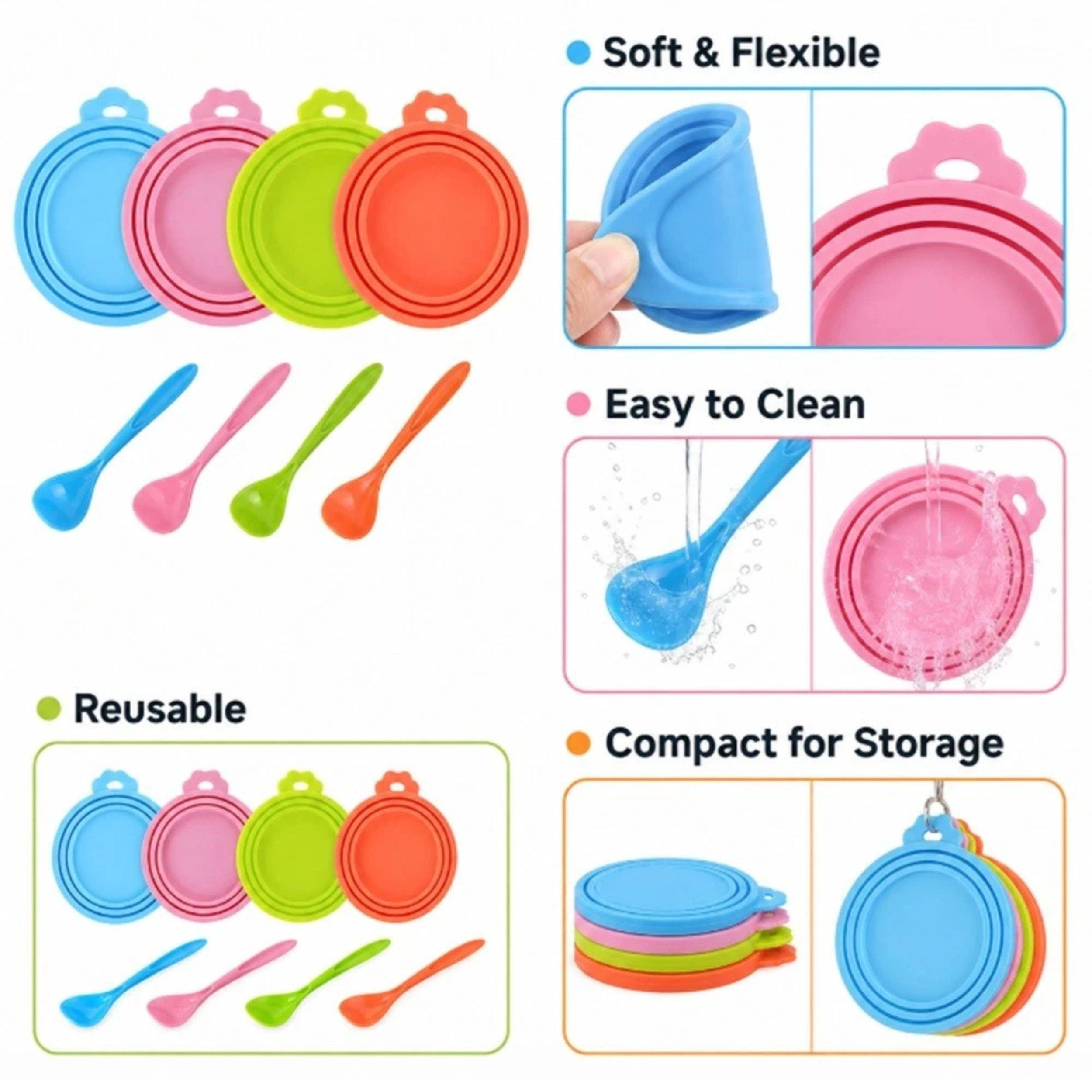 Home Collection Pack of 4 Silicone Pet Food Can Covers with Feeding Spoon