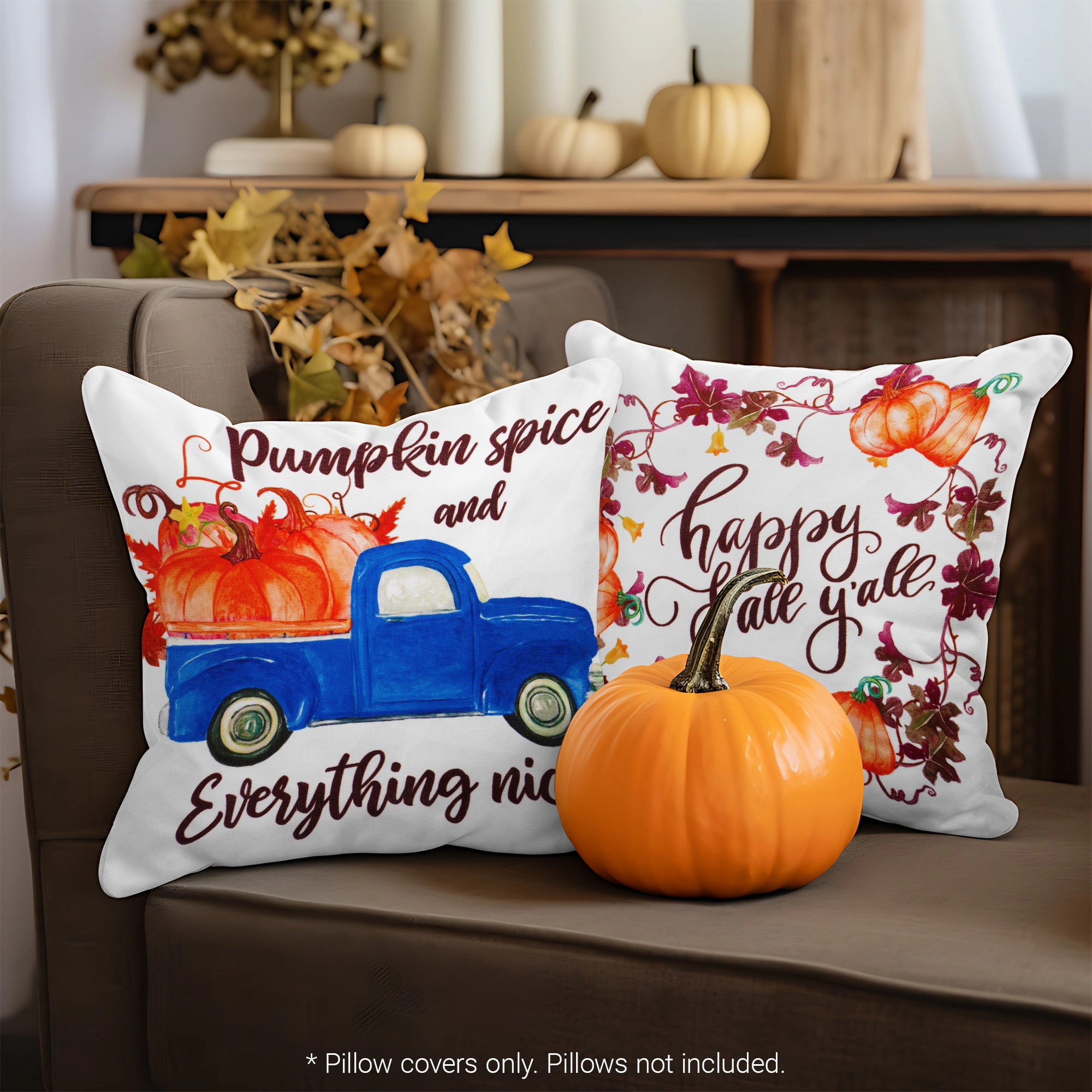 G128 Farmhouse Pumpkin Wagon Tractor Decorative Throw Pillow Covers