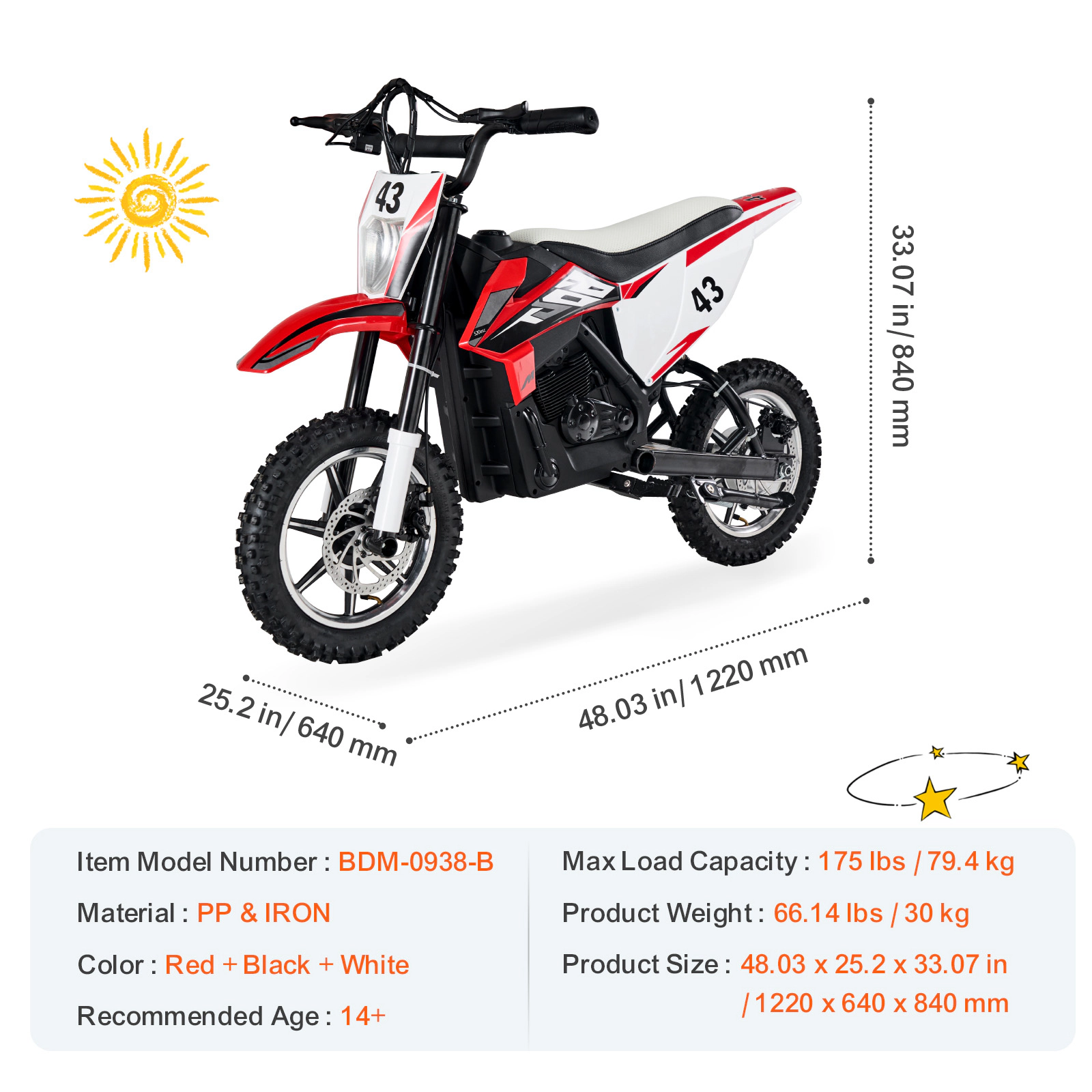 HONGGE 36V Battery Powered Kids Ride On Motorcycle, Speed Up to 15.5 MPH, Dual Brakes, 175 lb Capacity for Ages 14+