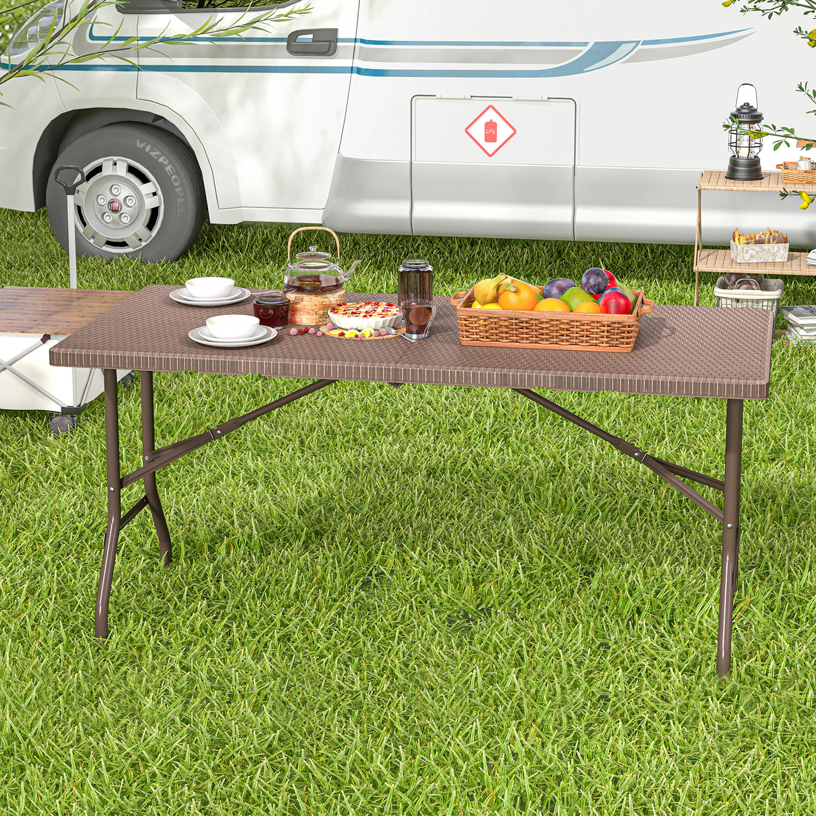 SUGIFT 5 ft Folding Picnic Table Coffee with Rattan Grain HDPE Top and Metal Frame