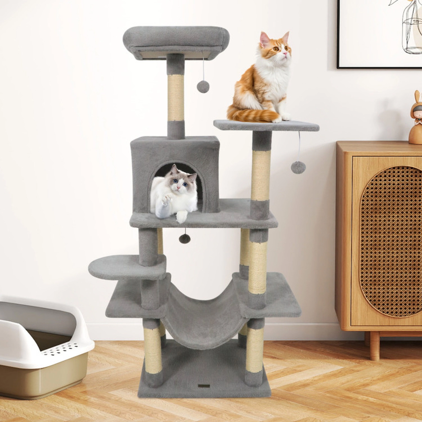 SUGIFT 58-in Light Gray Multi-Level Plush Cat Tree Tower with 14-in Padded Top Perch and Anti-Tip Device
