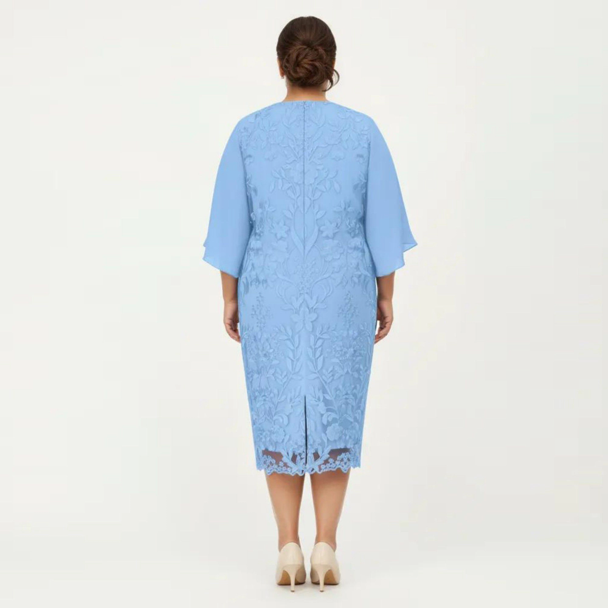 Anna-Kaci Women's Plus Size Lace Sheer Overlay Short Sleeve Loose Fit Elegant Knee Length Midi Dress