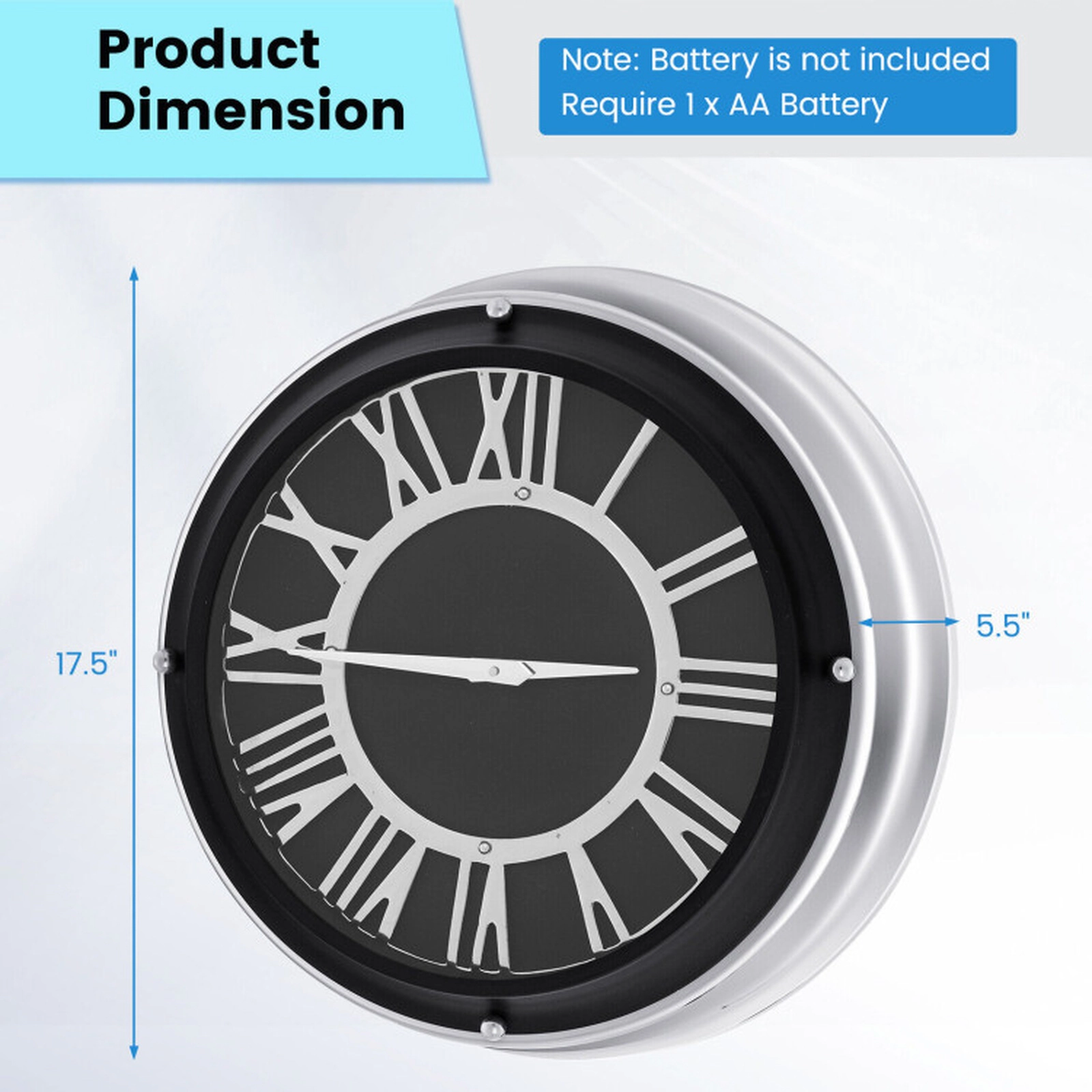 SUGIFT 17.5-in Non-Ticking Quartz Stainless Steel Frame Silent Wall Clock 5.5-in Deep 6.5-lb 1 AA Battery Silver