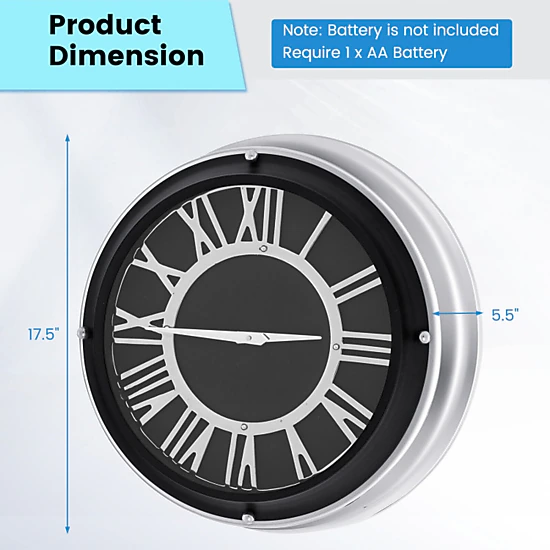 SUGIFT 17.5-in Non-Ticking Quartz Stainless Steel Frame Silent Wall Clock 5.5-in Deep 6.5-lb 1 AA Battery Silver