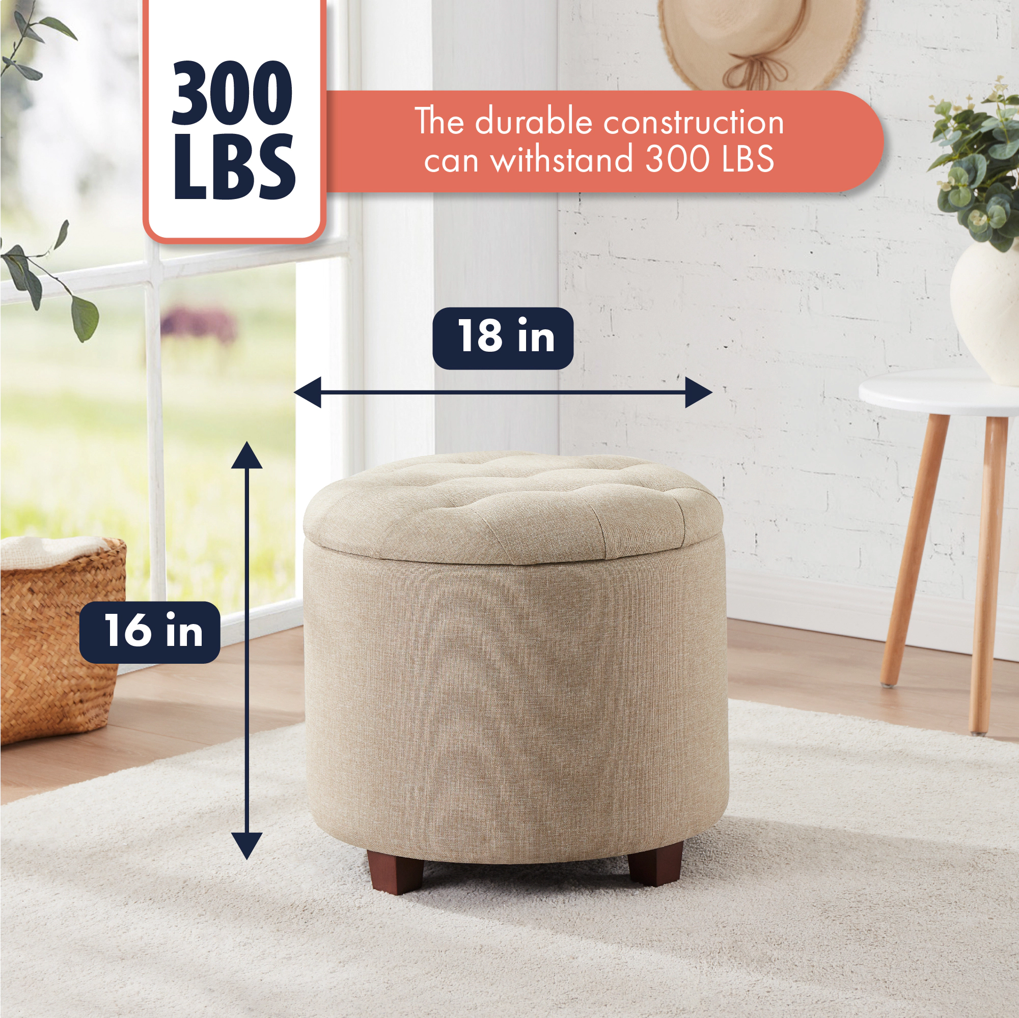 Ornavo Home Linen Upholstered Round Tufted Storage Ottoman with Wooden Legs