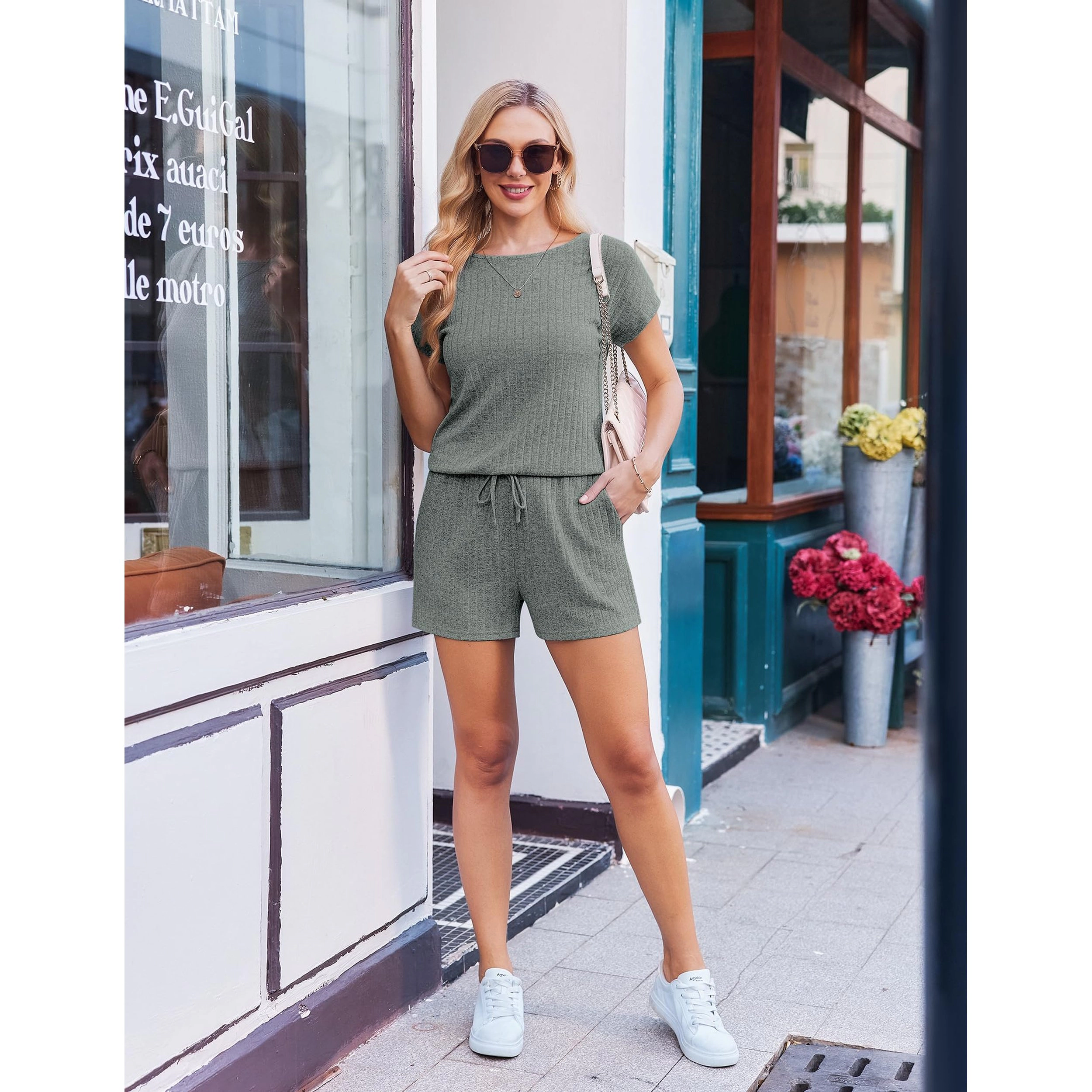 Ekouaer Women's Ribbed Knit Short Sleeve Top & Drawstring Shorts Set
