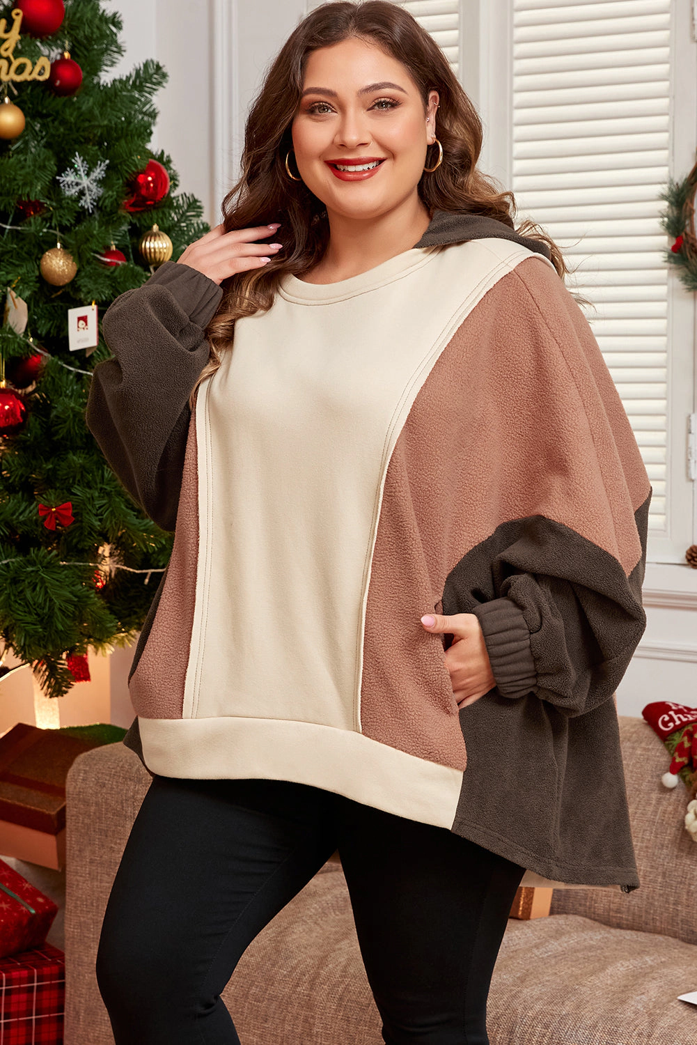Threaded Pear Women's Brown Exposed Seam Colorblock Plus Hoodie